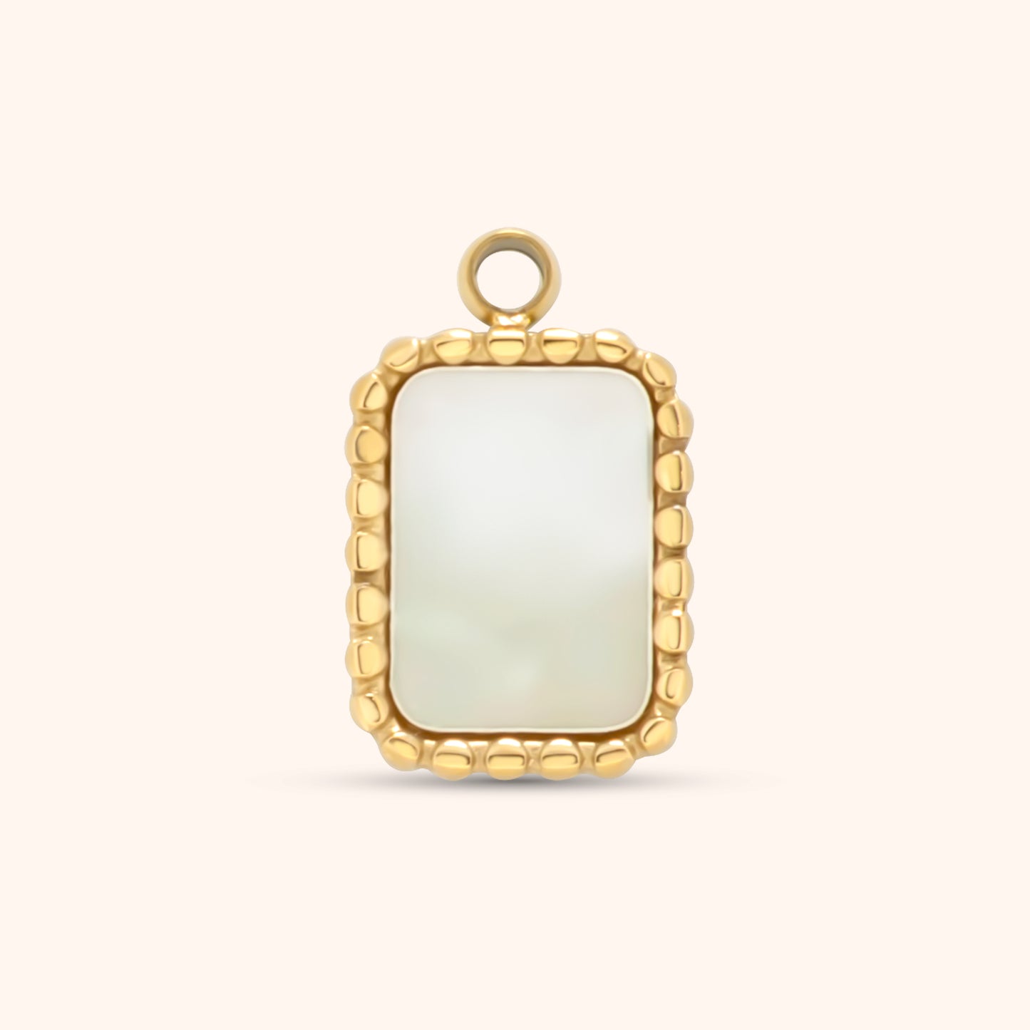 Rectangular gold charm with beaded frame and white mother-of-pearl inlay, featuring a gold top loop for necklaces or bracelets