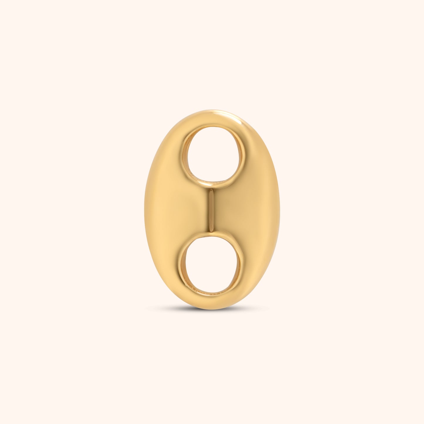 Smooth oval gold spacer charm with dual openings, made of 18k gold plated stainless steel and designed for connecting jewelry pieces