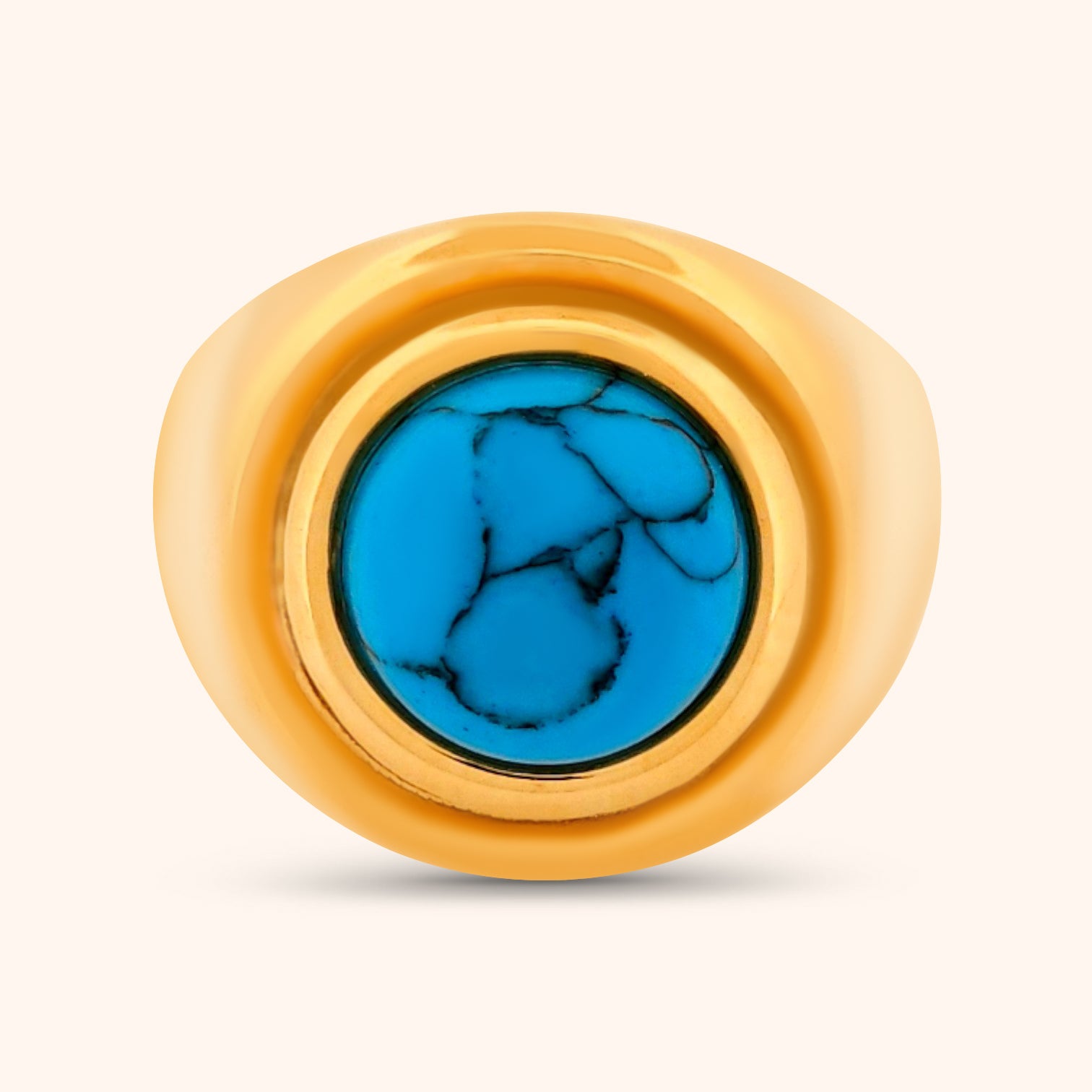 Close-up of the Morocco Ring, showcasing its striking blue turquoise dome centerpiece and smooth, polished surface.
