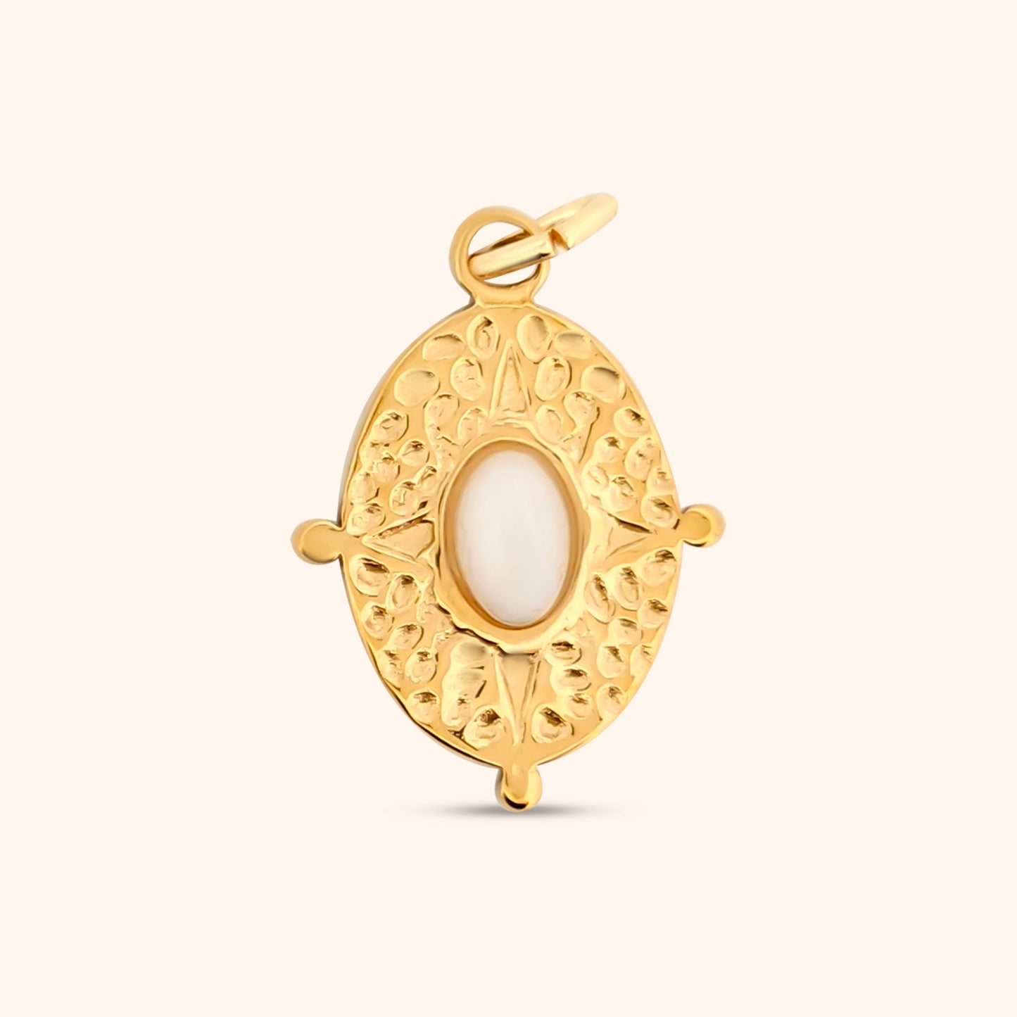 Close-up of the Sunstone Charm, an oval-shaped gold charm featuring a textured surface and a small, centered stone detail.