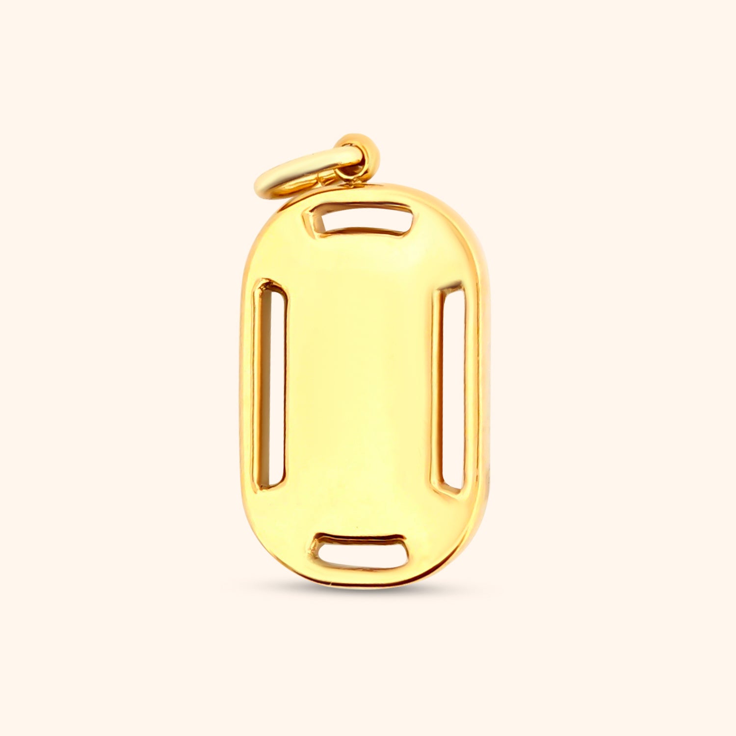 Rear  view of the Savanna Charm, highlighting the rectangular shape, the smooth gold finish.