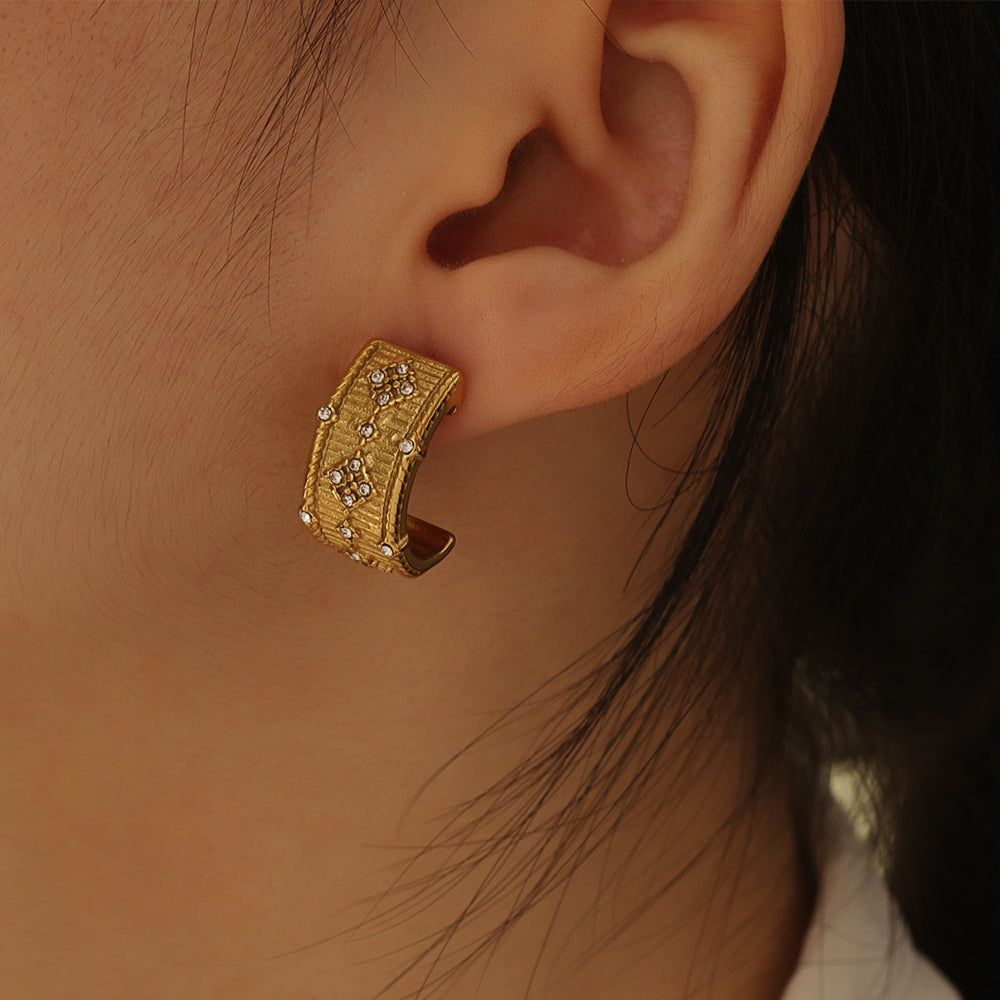 Pressie Crystal Boho Gold Hoop Earrings, 18K gold plated stainless steel, on model, showcasing elegant style.