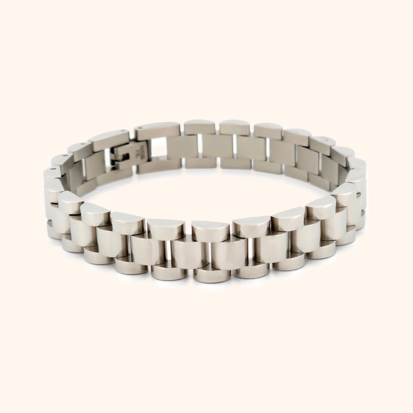 Close-up of the Luxe Watch Band Bracelet in white gold, showcasing its geometric links and sleek, modern design.
