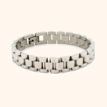 Close-up of the Luxe Watch Band Bracelet in white gold, showcasing its geometric links and sleek, modern design.

