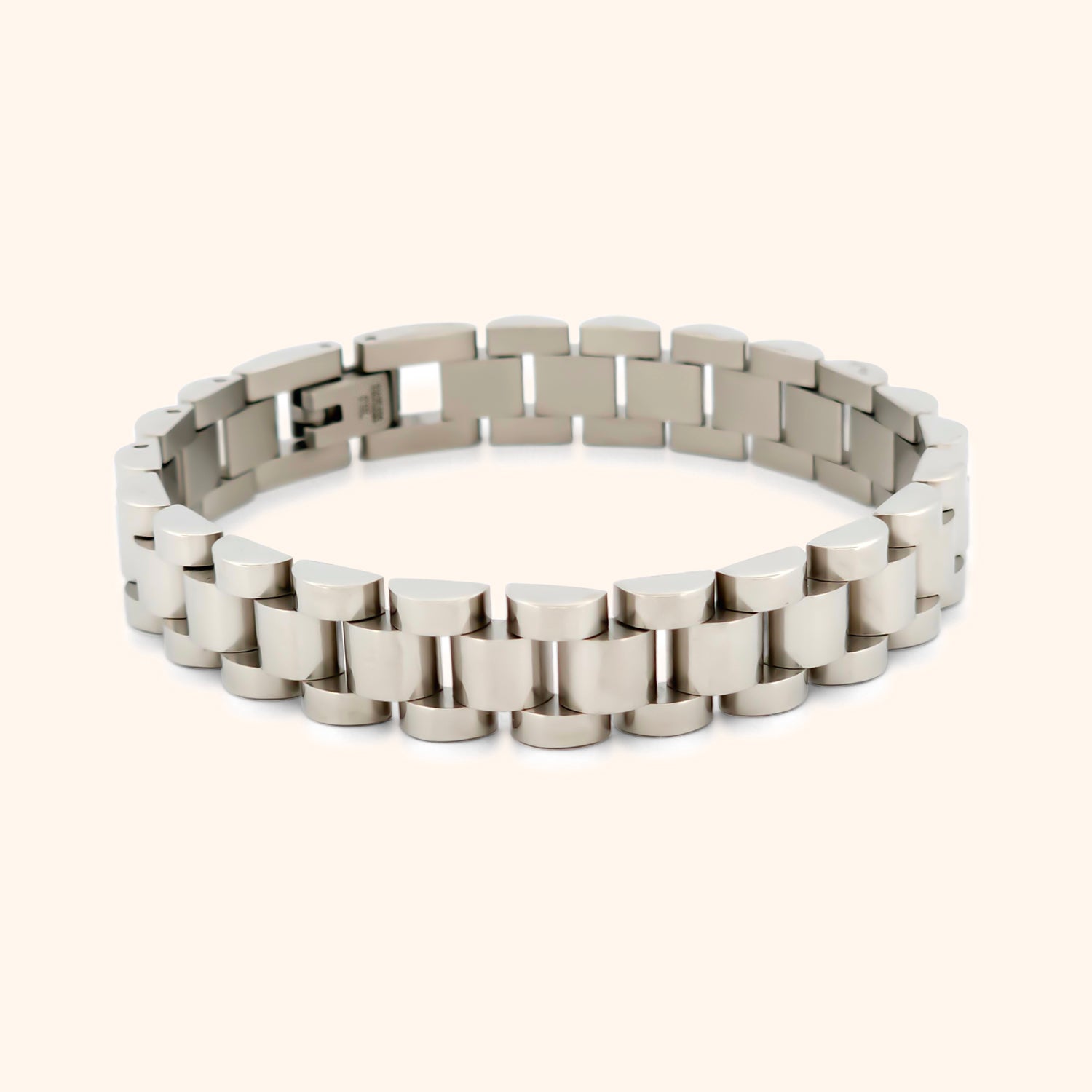 Close-up of the Luxe Watch Band Bracelet in white gold, showcasing its geometric links and sleek, modern design.
