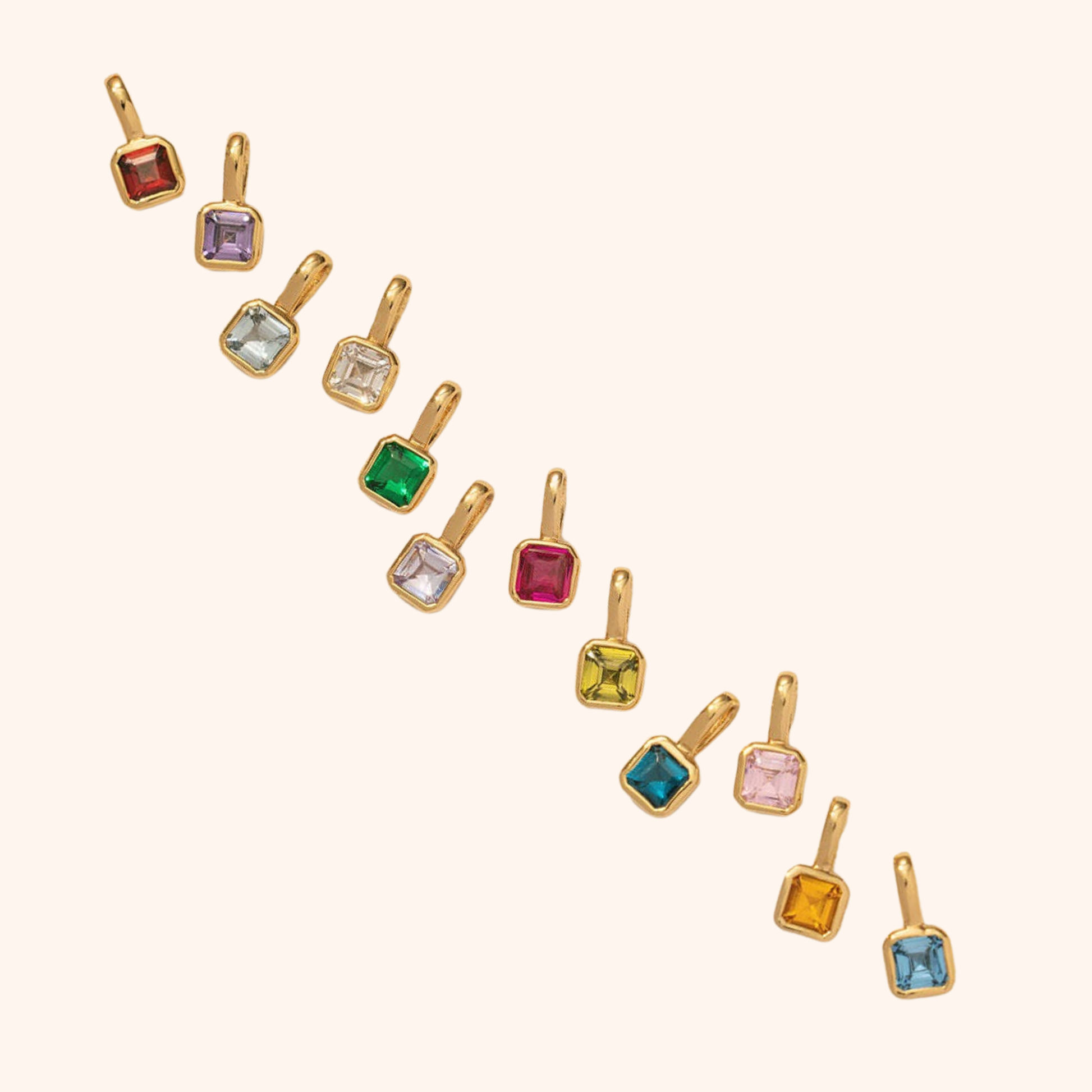 Set of 18k gold square crystal charms in assorted birthstone-inspired colors