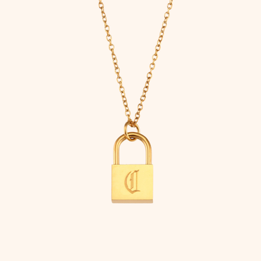 18k gold lock pendant necklace with engraved letter C