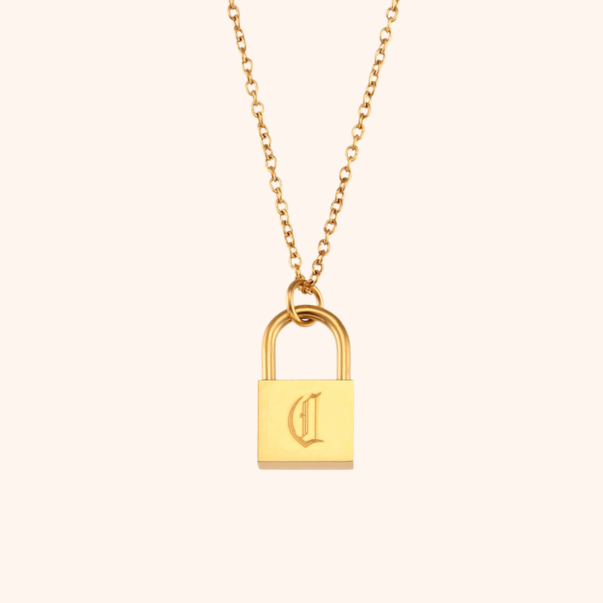 18k gold lock pendant necklace with engraved letter C