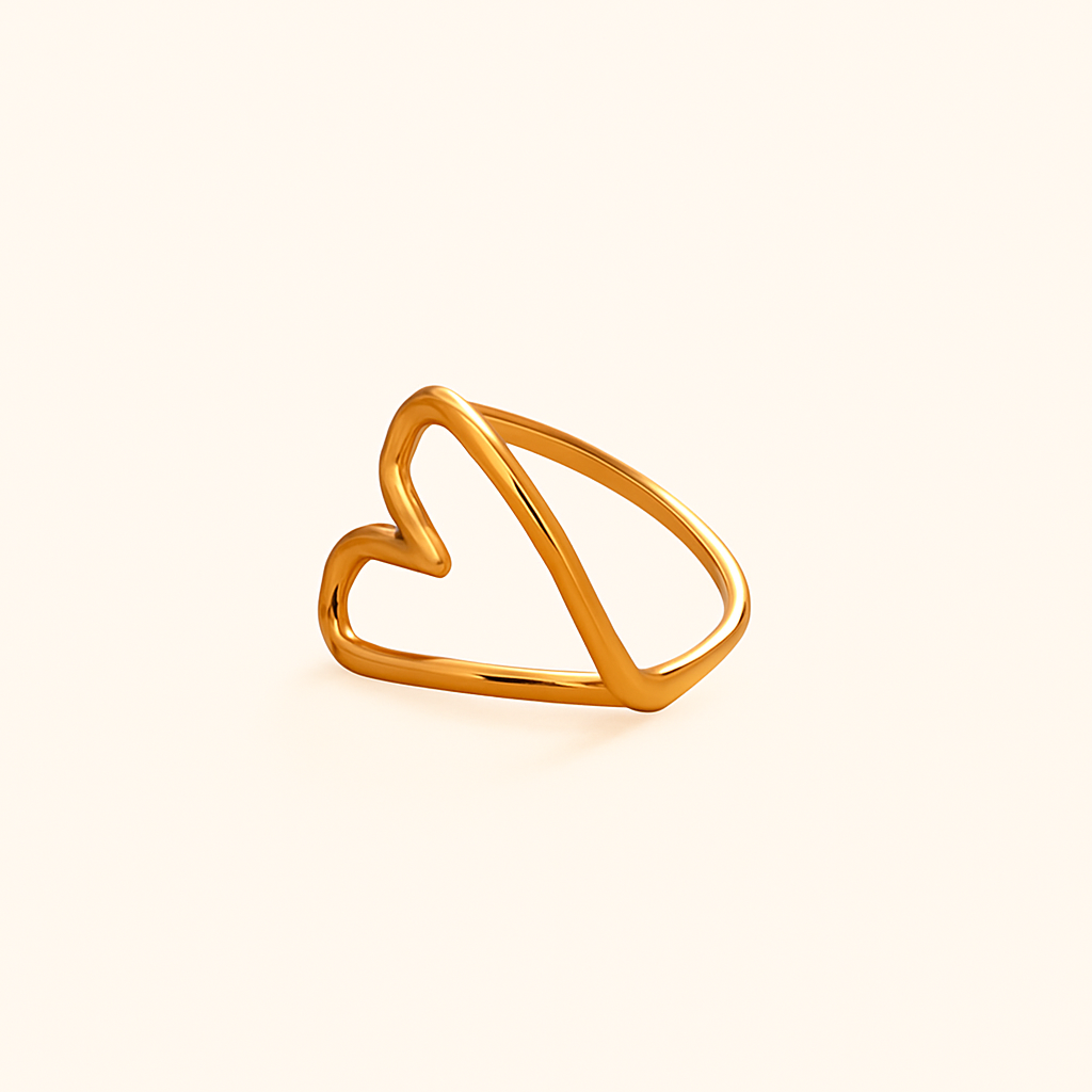 18k gold open heart outline ring in polished stainless steel