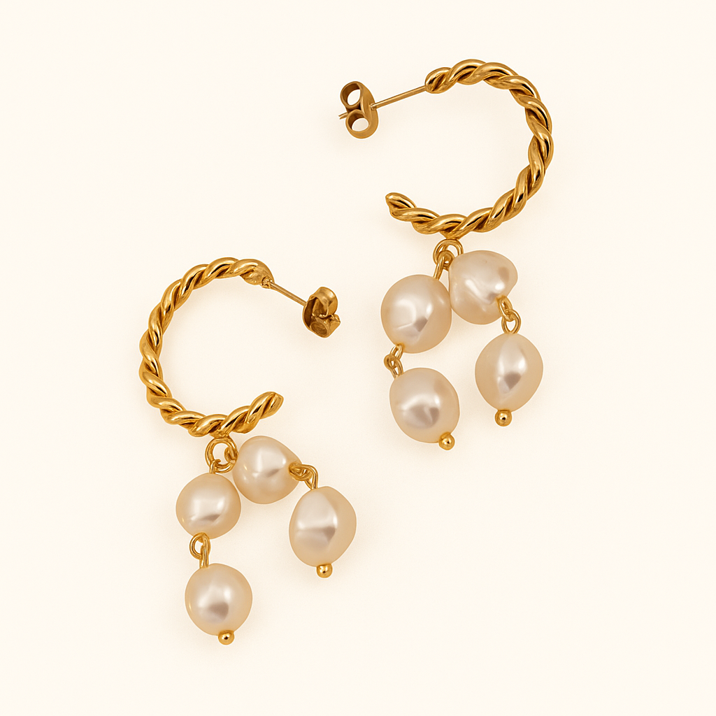 18k gold twisted hoop earrings with dangling synthetic pearls
