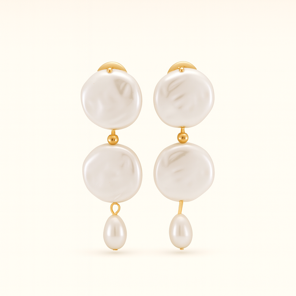 18k gold drop earrings with round and teardrop synthetic pearls in a sculptural stacked design