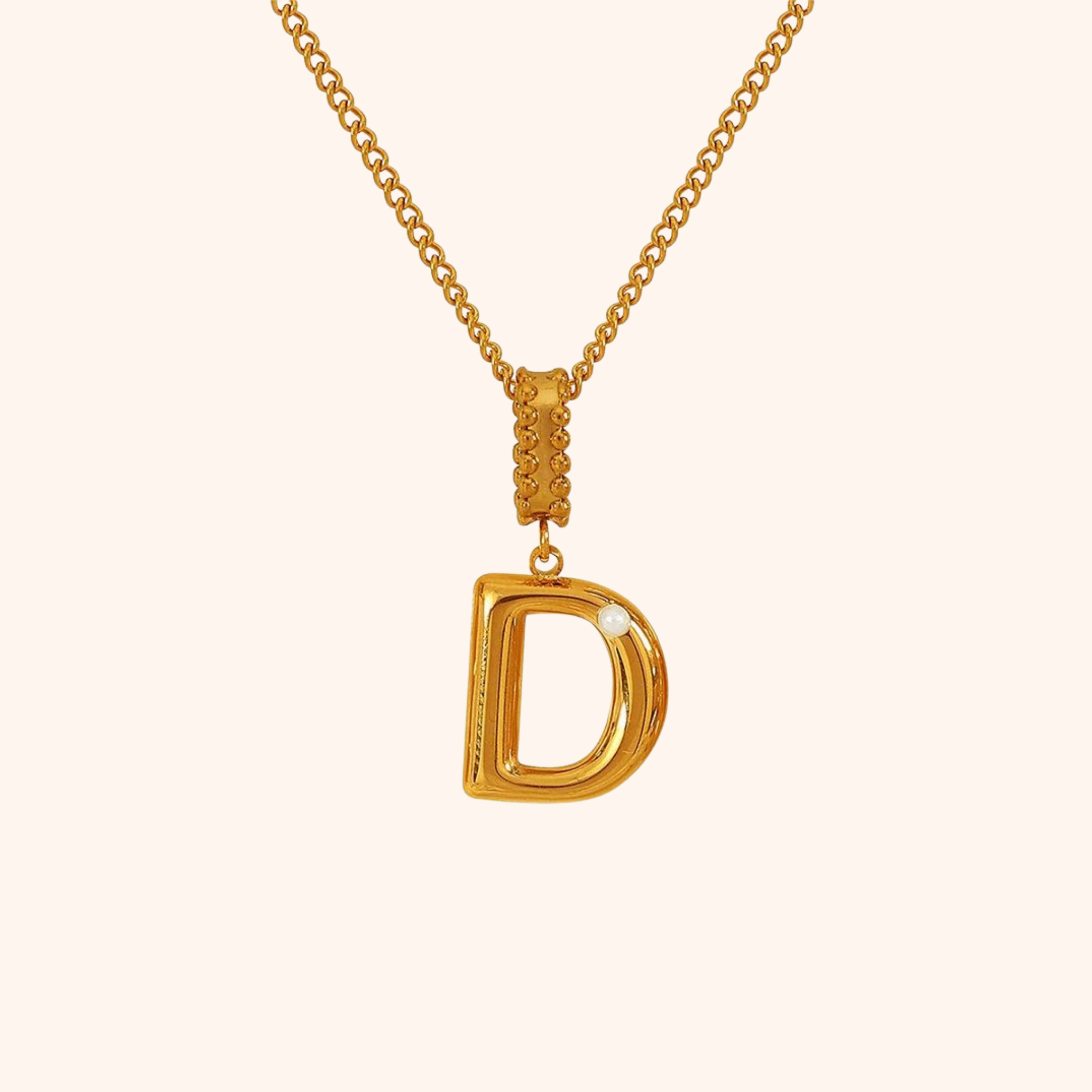 D initial necklace in gold with pearl charm on chain