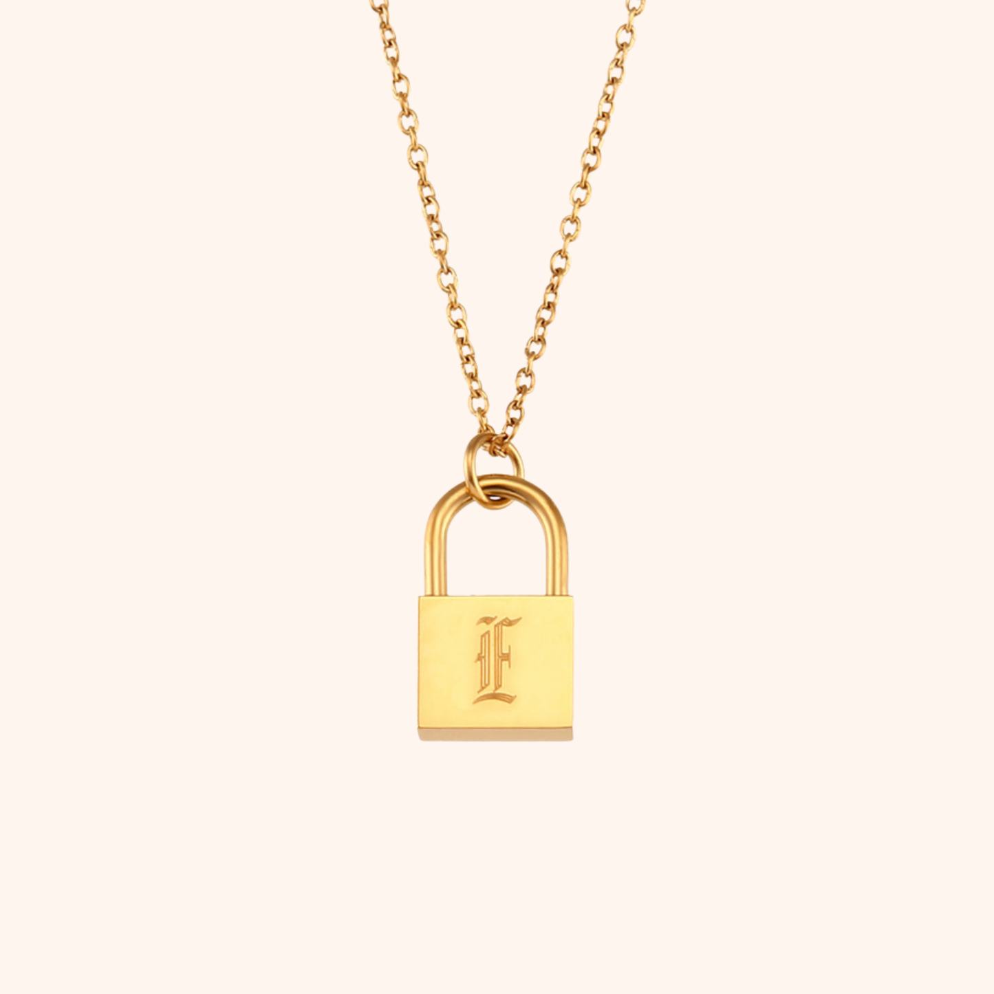 18k gold lock pendant necklace with engraved letter E
