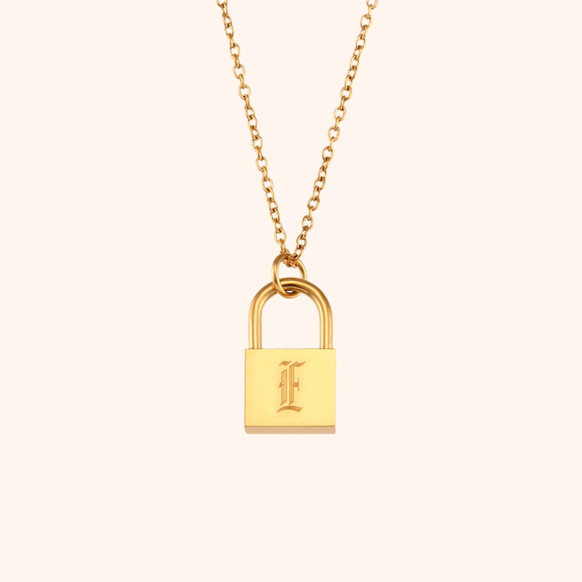 18k gold lock pendant necklace with engraved letter E