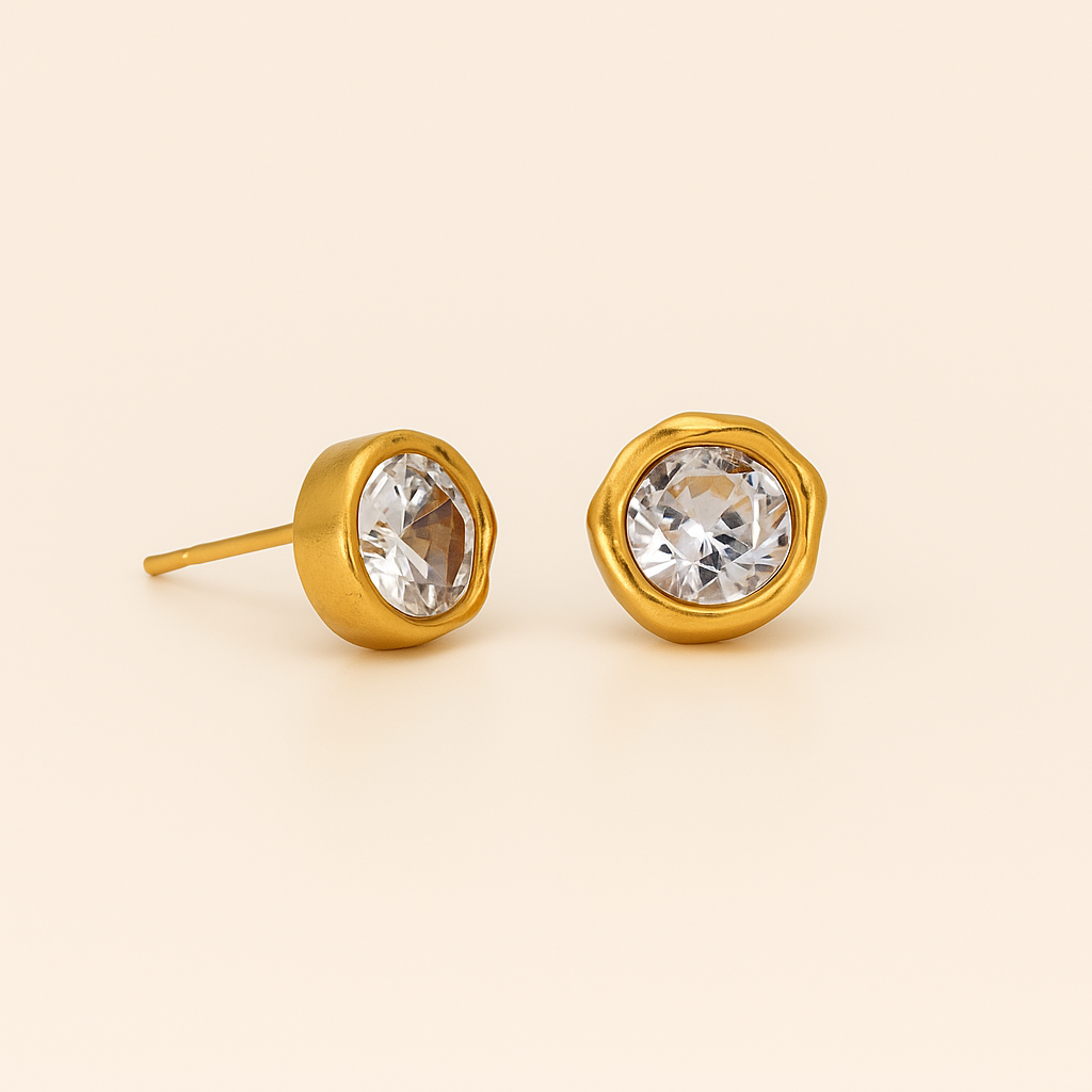 18k gold stud earrings with round clear crystals in organic bezel settings