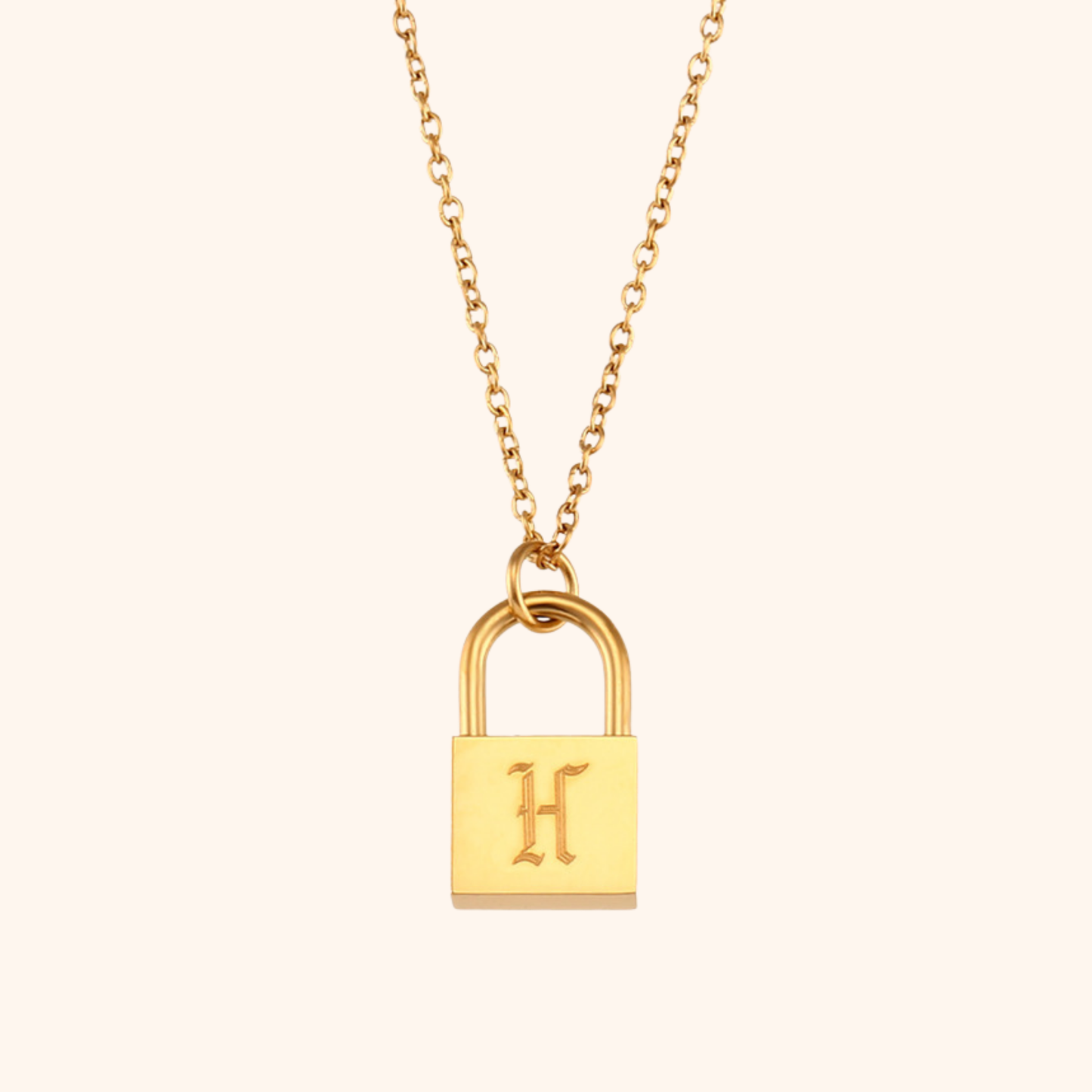 18k gold lock pendant necklace with engraved letter H