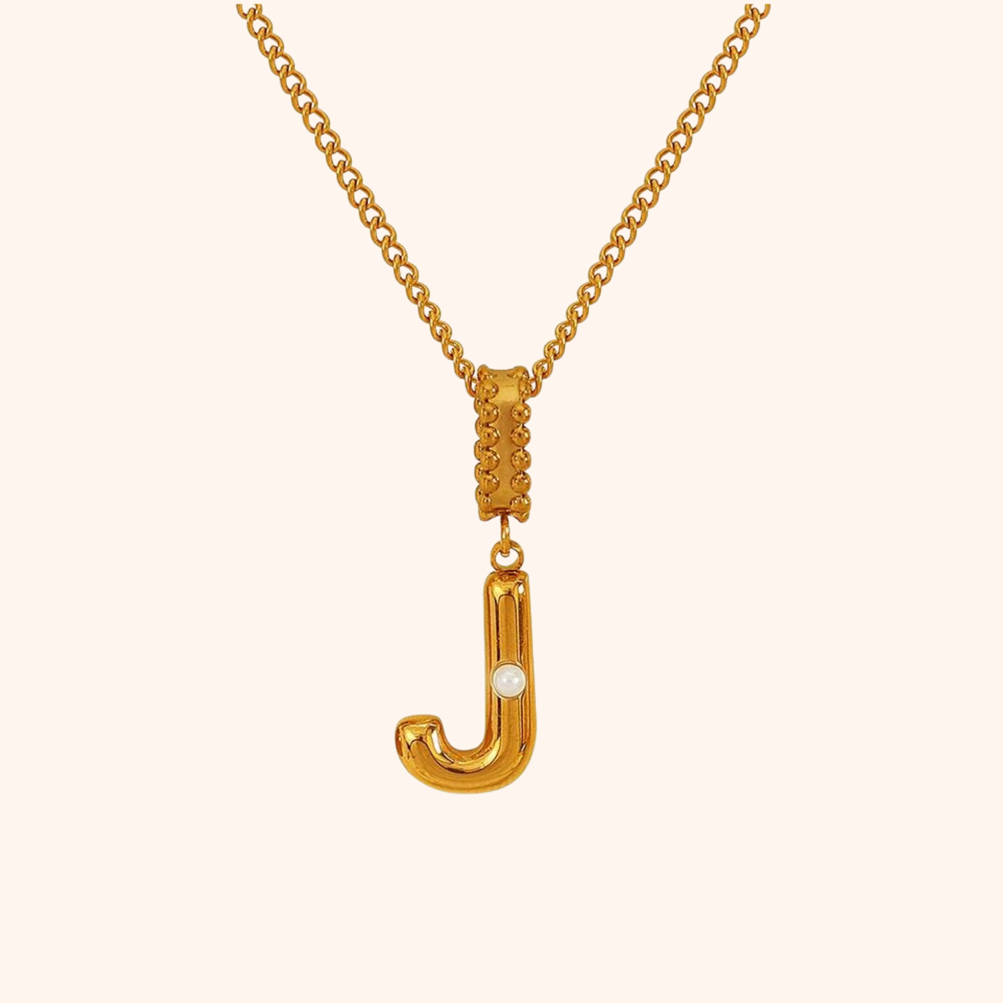 J letter charm necklace with gold finish and single pearl