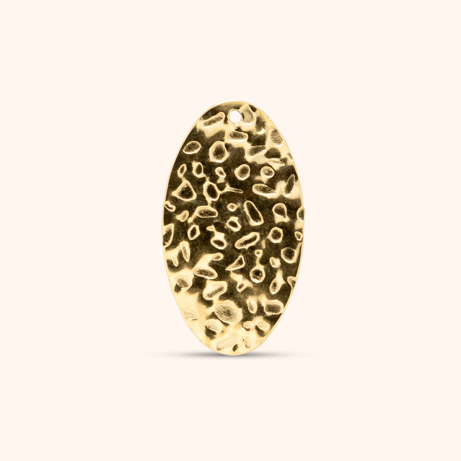 PRESSIE Ripple Charm; an 18k gold plated elongated oval charm with a distinctive hammered texture and a top hole for attachment.