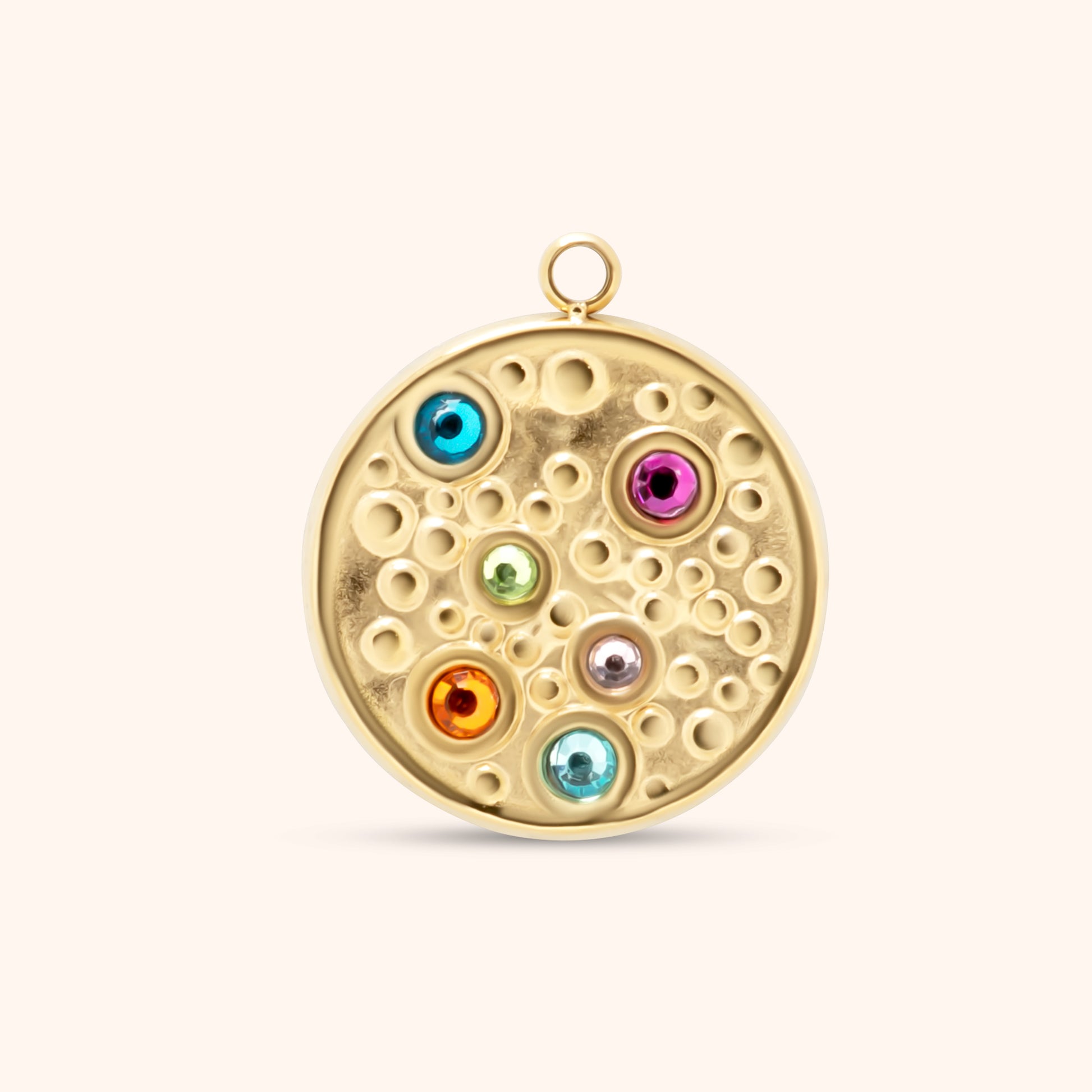 Round gold charm with raised bubble texture and colorful inset crystals in blue, orange, green, pink, and purple, featuring a top loop for attachment