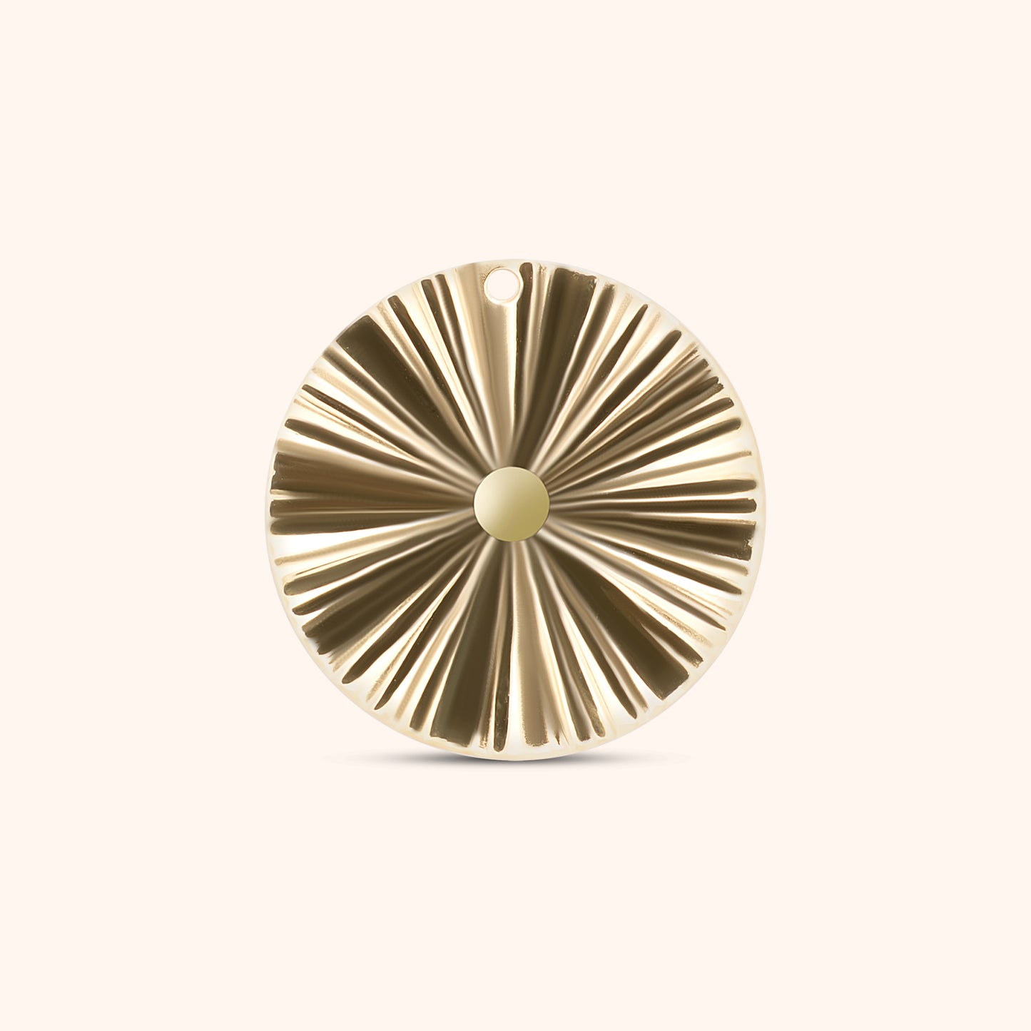 Round gold charm with radiating sunburst texture and small top hole, made of polished 18k gold plated stainless steel