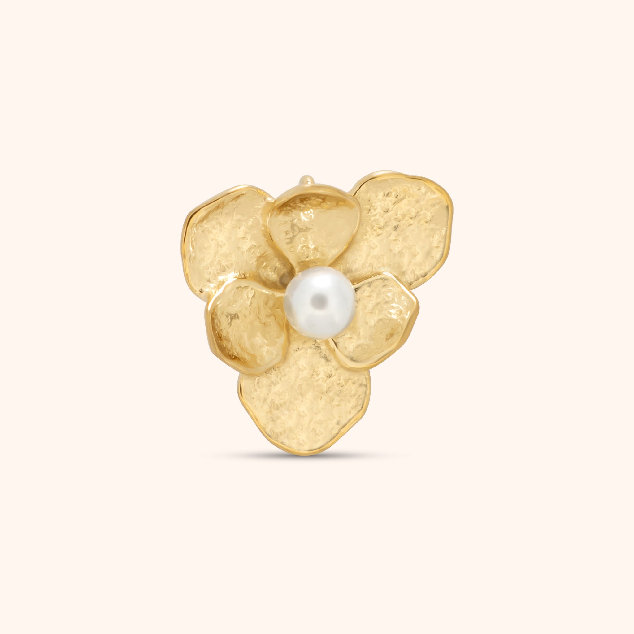 Gold flower-shaped charm with textured petals and a round white pearl center, made of 18k gold plated stainless steel