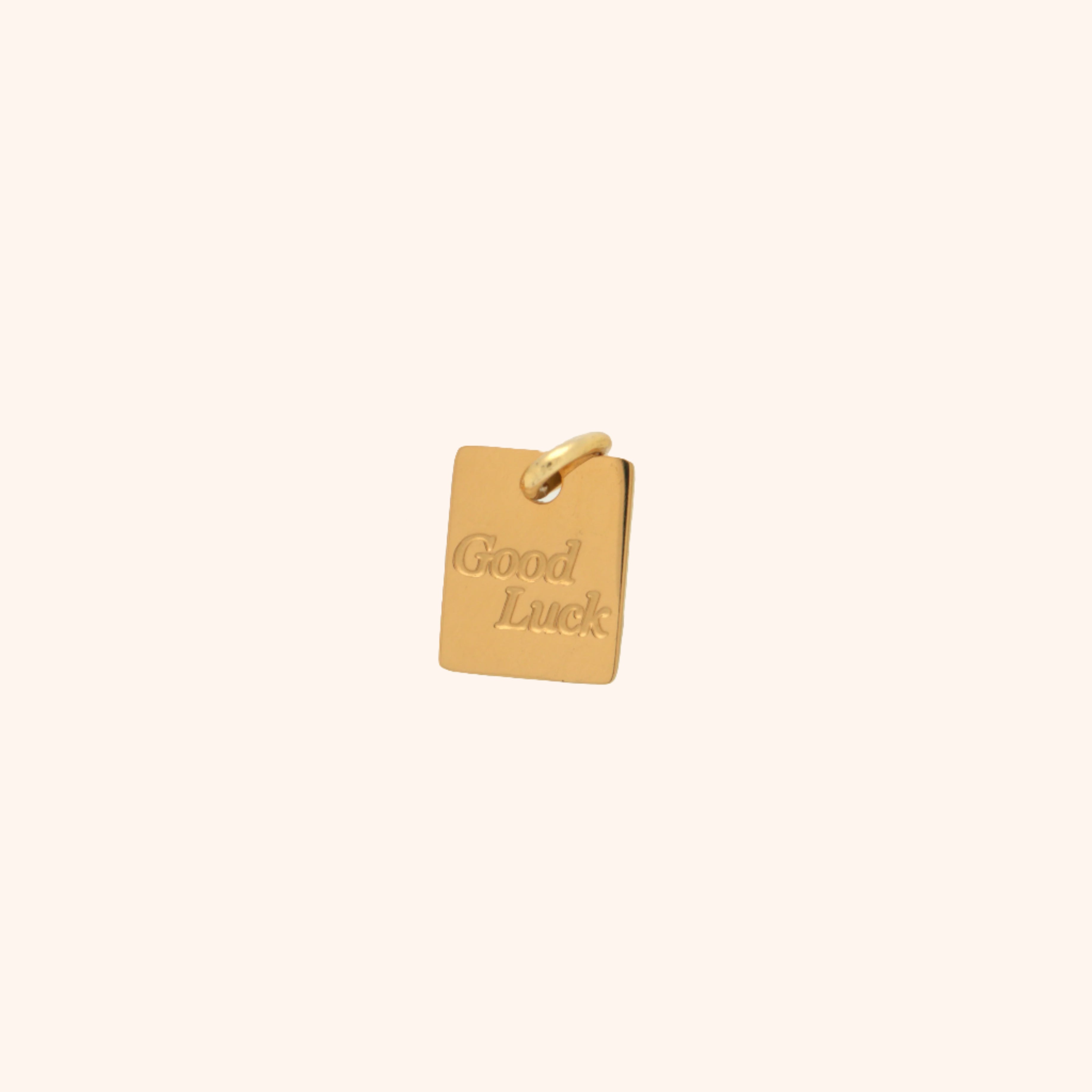 Close-up of the Clover Charm, a gold charm with the words 'Good Luck' engraved on its surface.