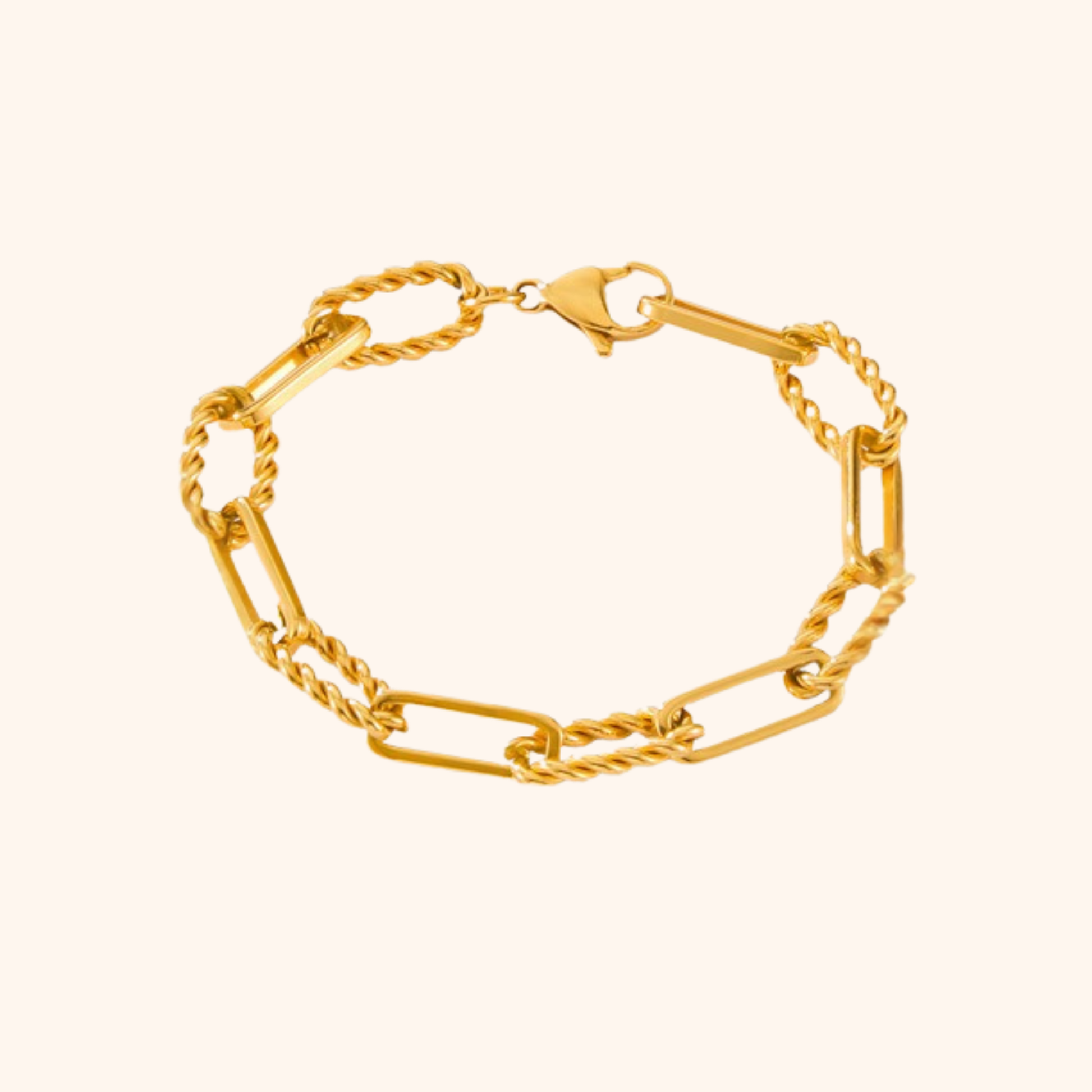 18k gold chain link bracelet with alternating twisted and smooth rectangular links