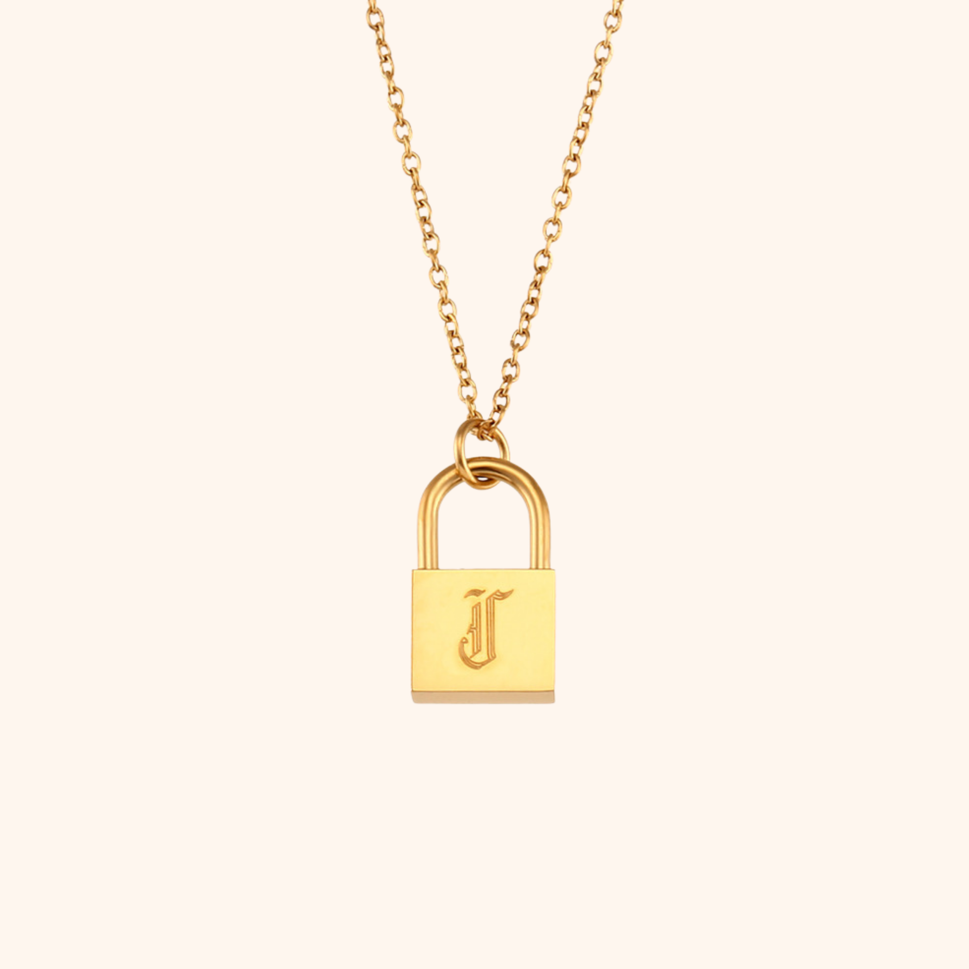 18k gold lock pendant necklace with engraved letter J