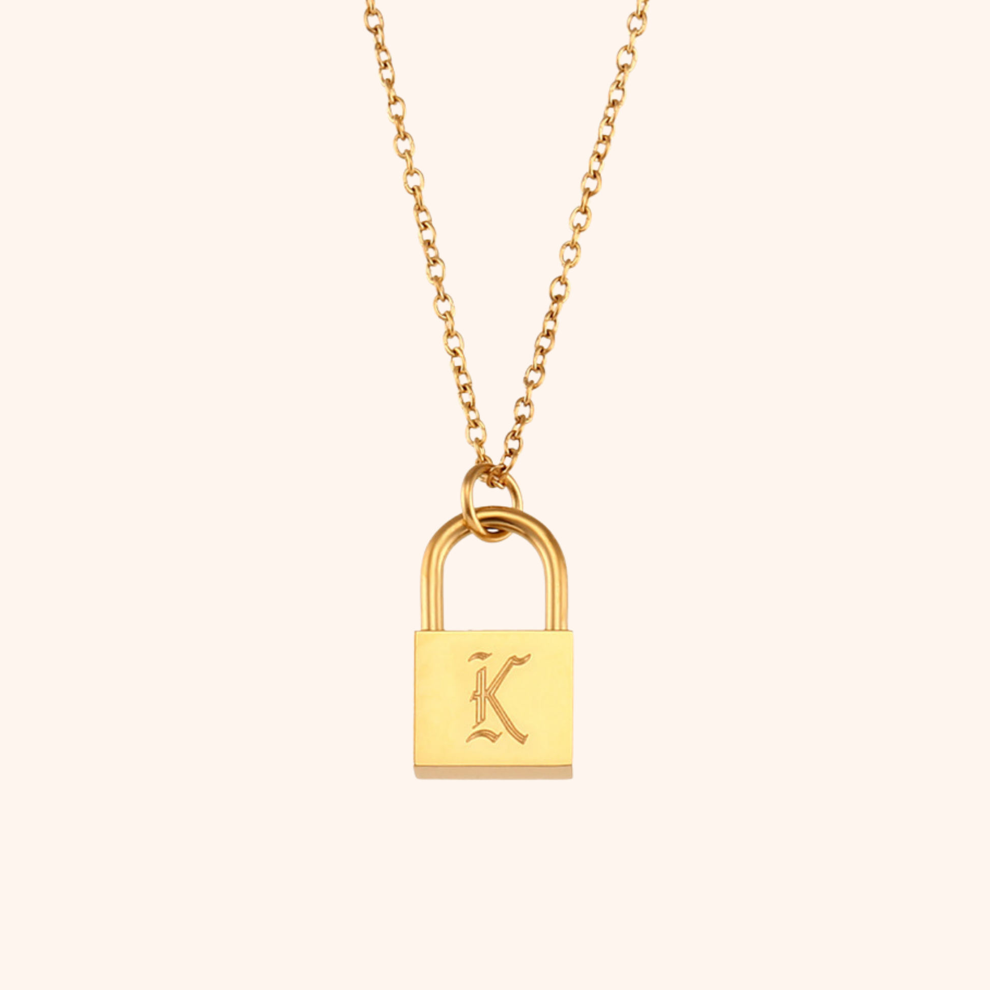 18k gold lock pendant necklace with engraved letter K