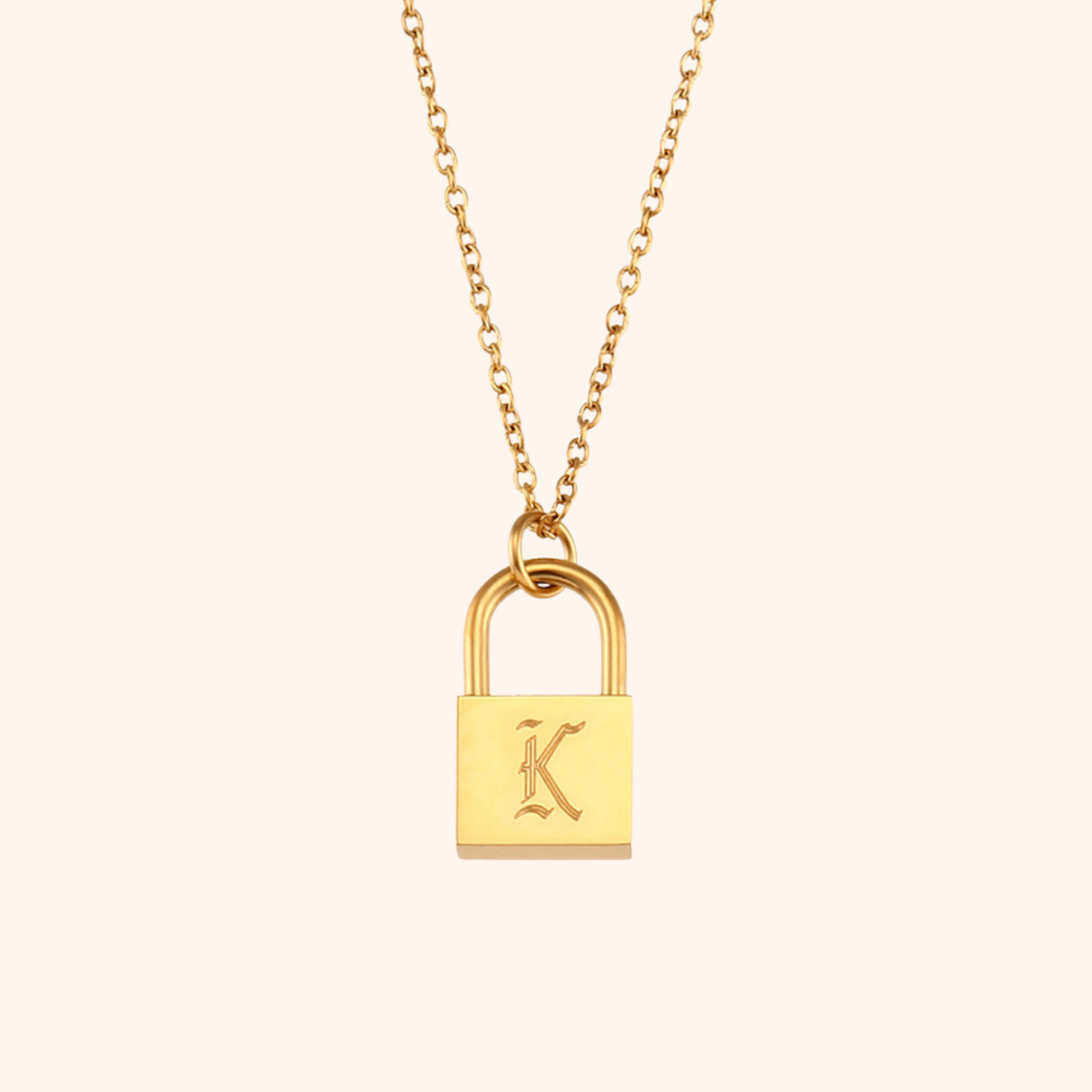 18k gold lock pendant necklace with engraved letter K
