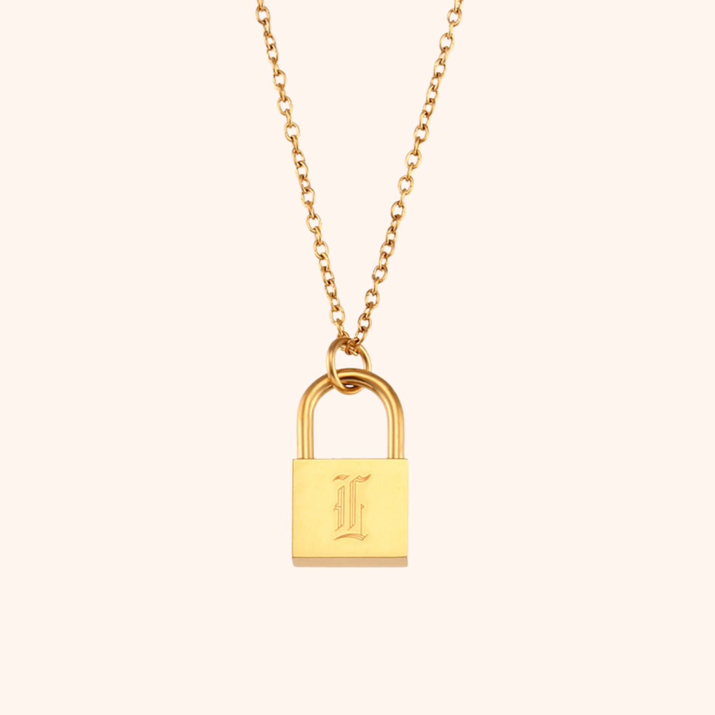 18k gold lock pendant necklace with engraved letter L