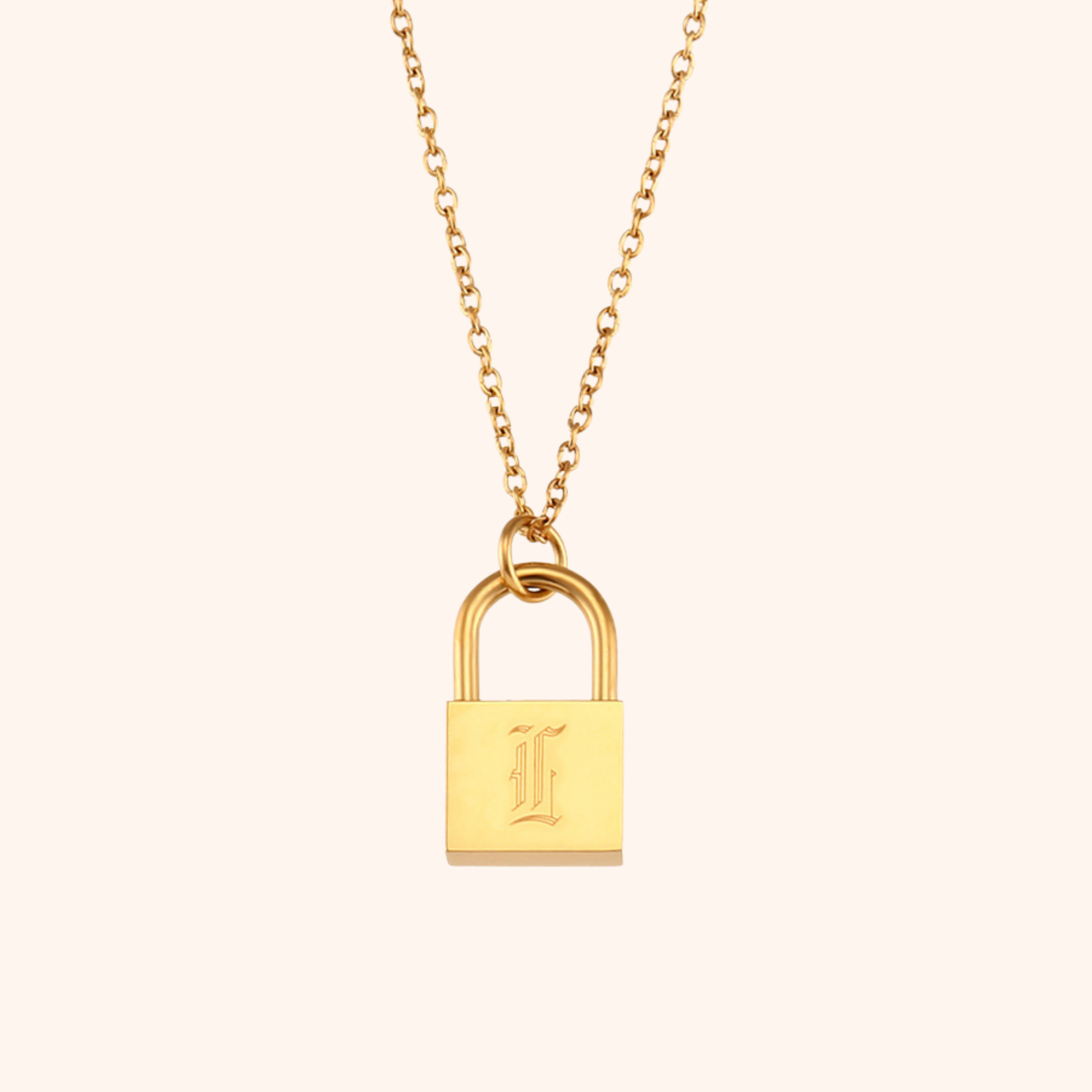 18k gold lock pendant necklace with engraved letter L