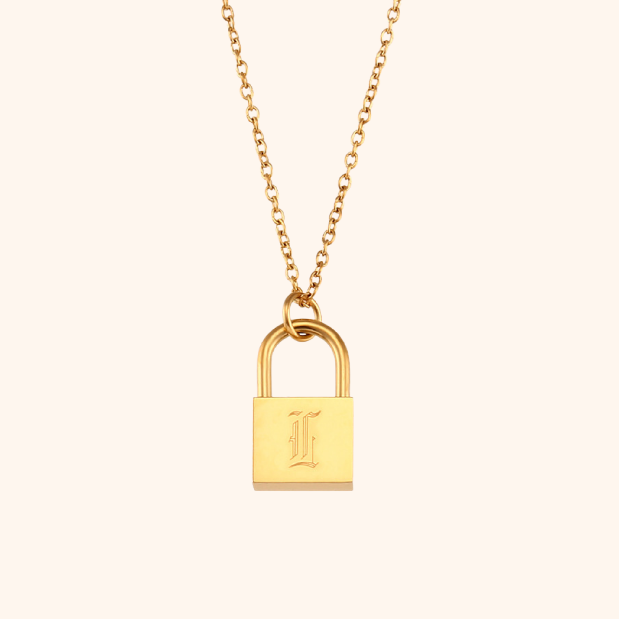 18k gold lock pendant necklace with engraved letter L