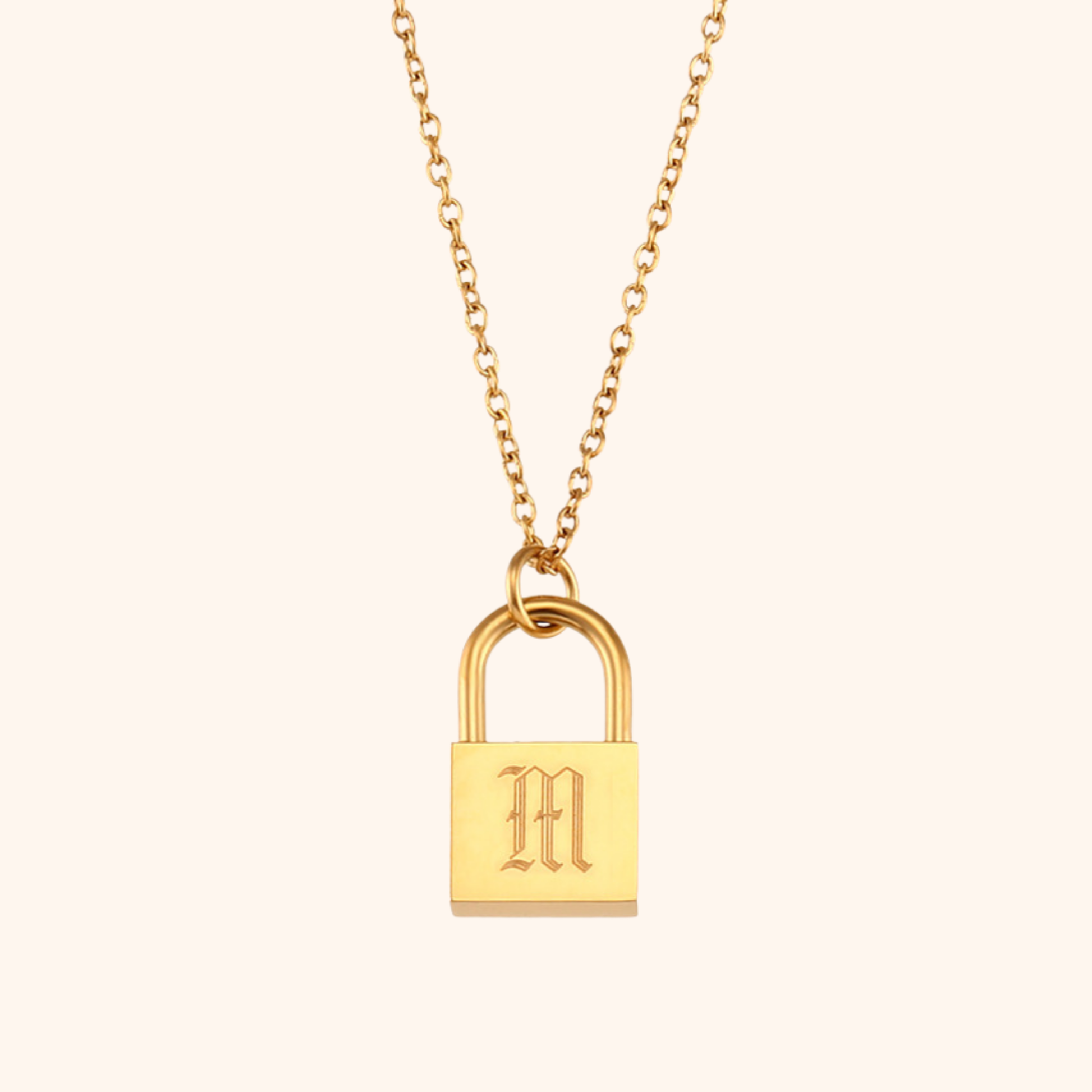 18k gold lock pendant necklace with engraved letter M