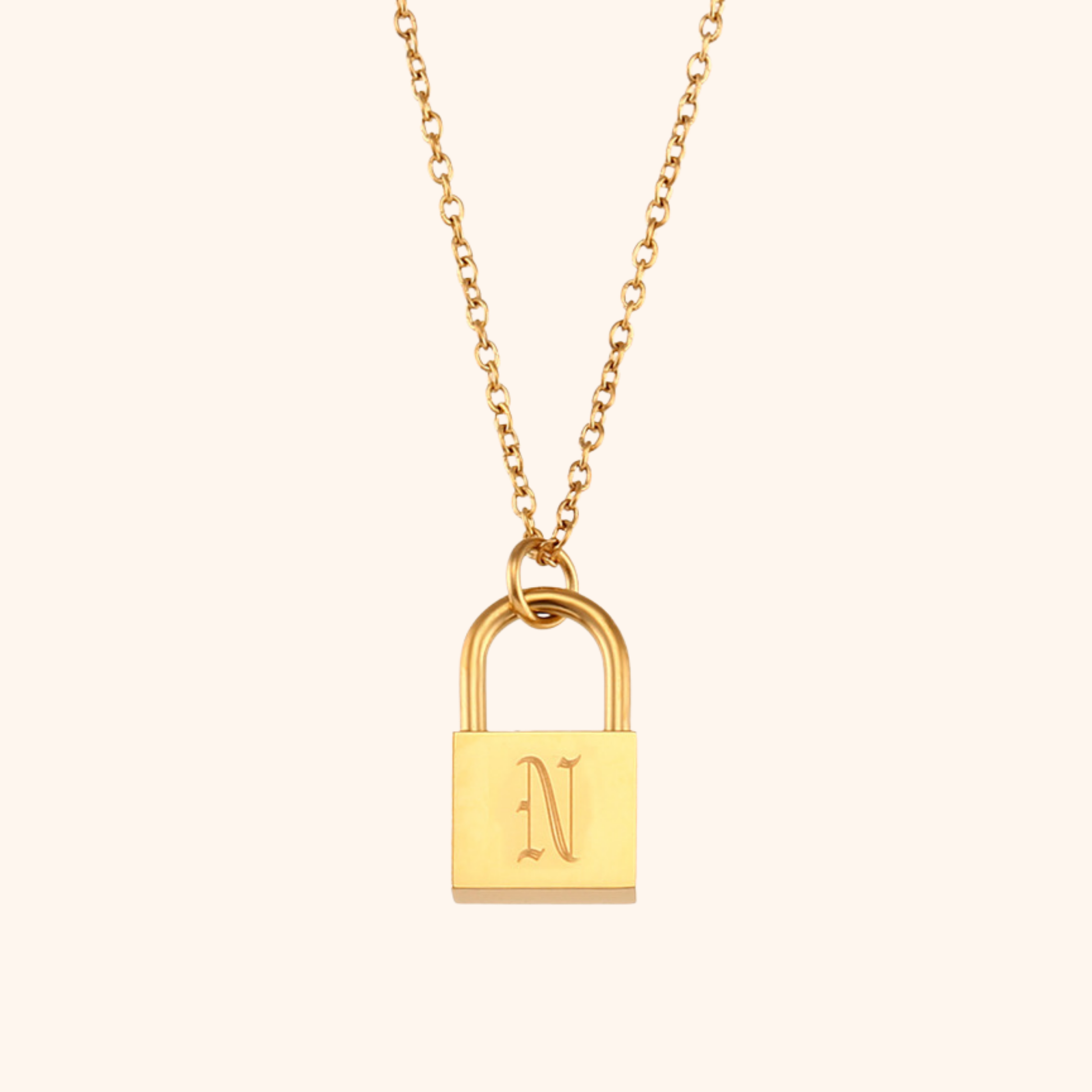 18k gold lock pendant necklace with engraved letter N