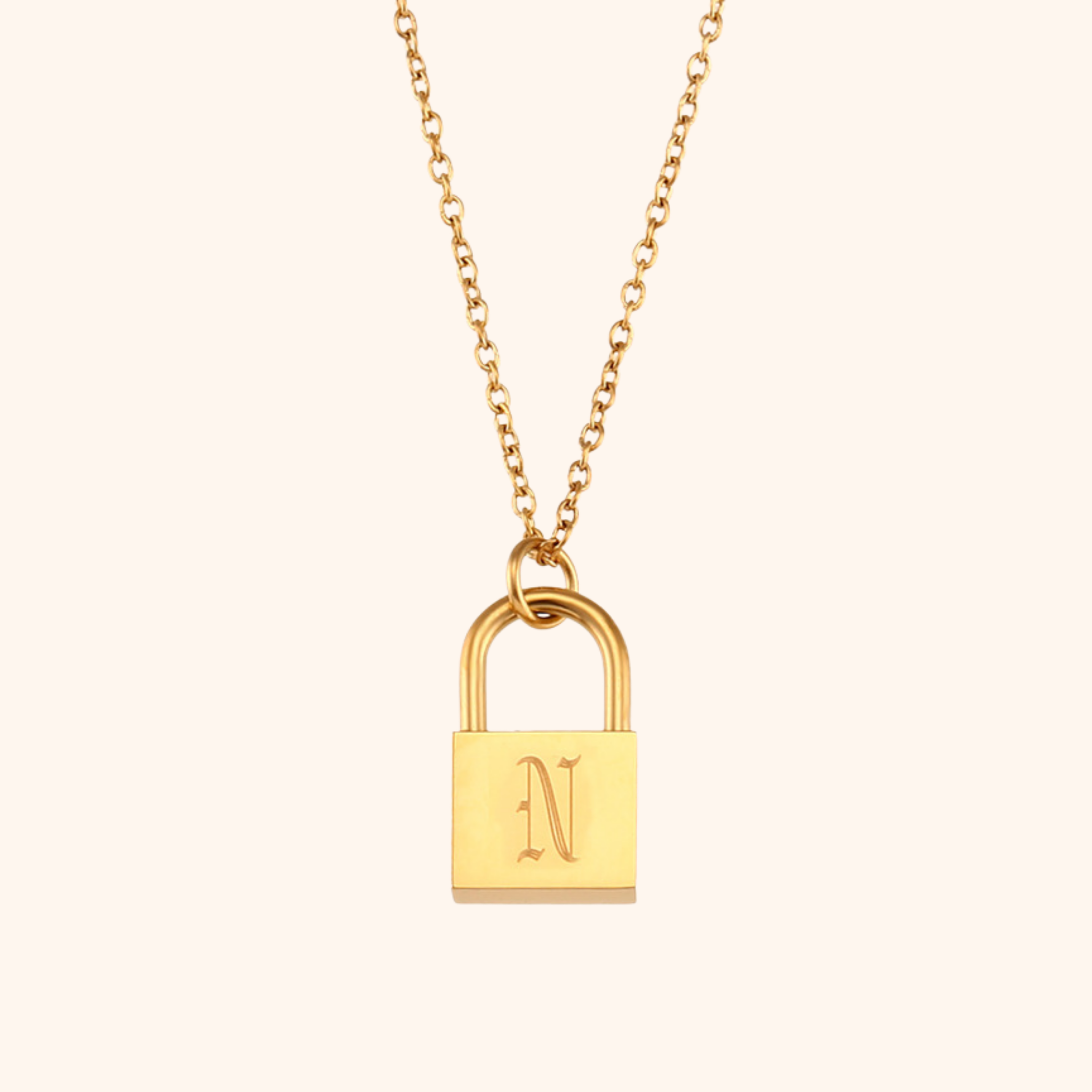 18k gold lock pendant necklace with engraved letter N