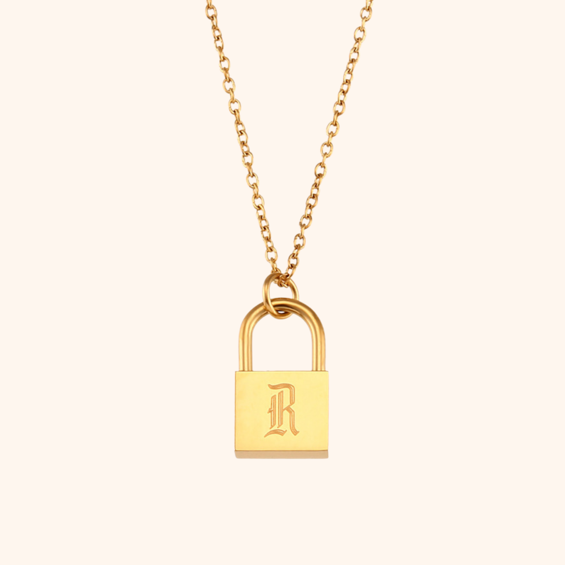 18k gold lock pendant necklace with engraved letter R