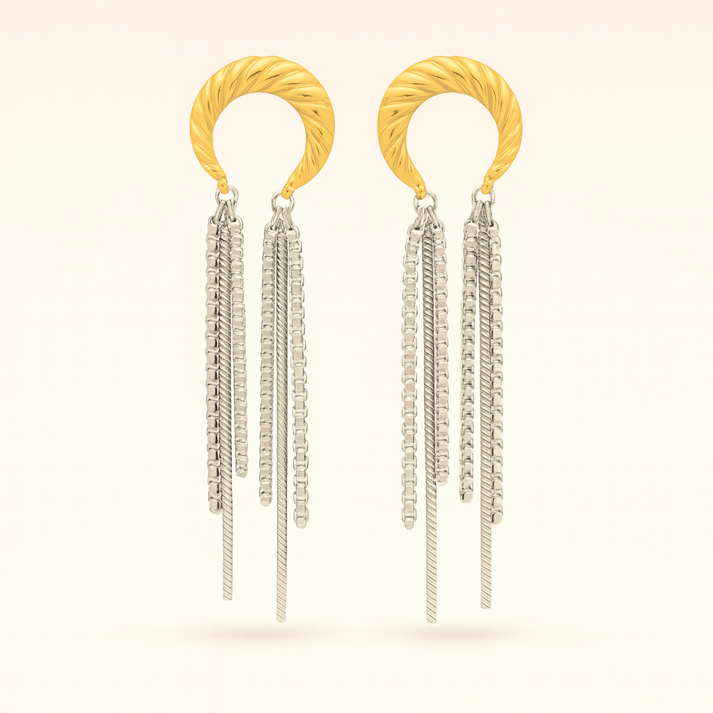 Two-tone 18k gold and stainless steel earrings with twisted gold hoops and cascading silver chains