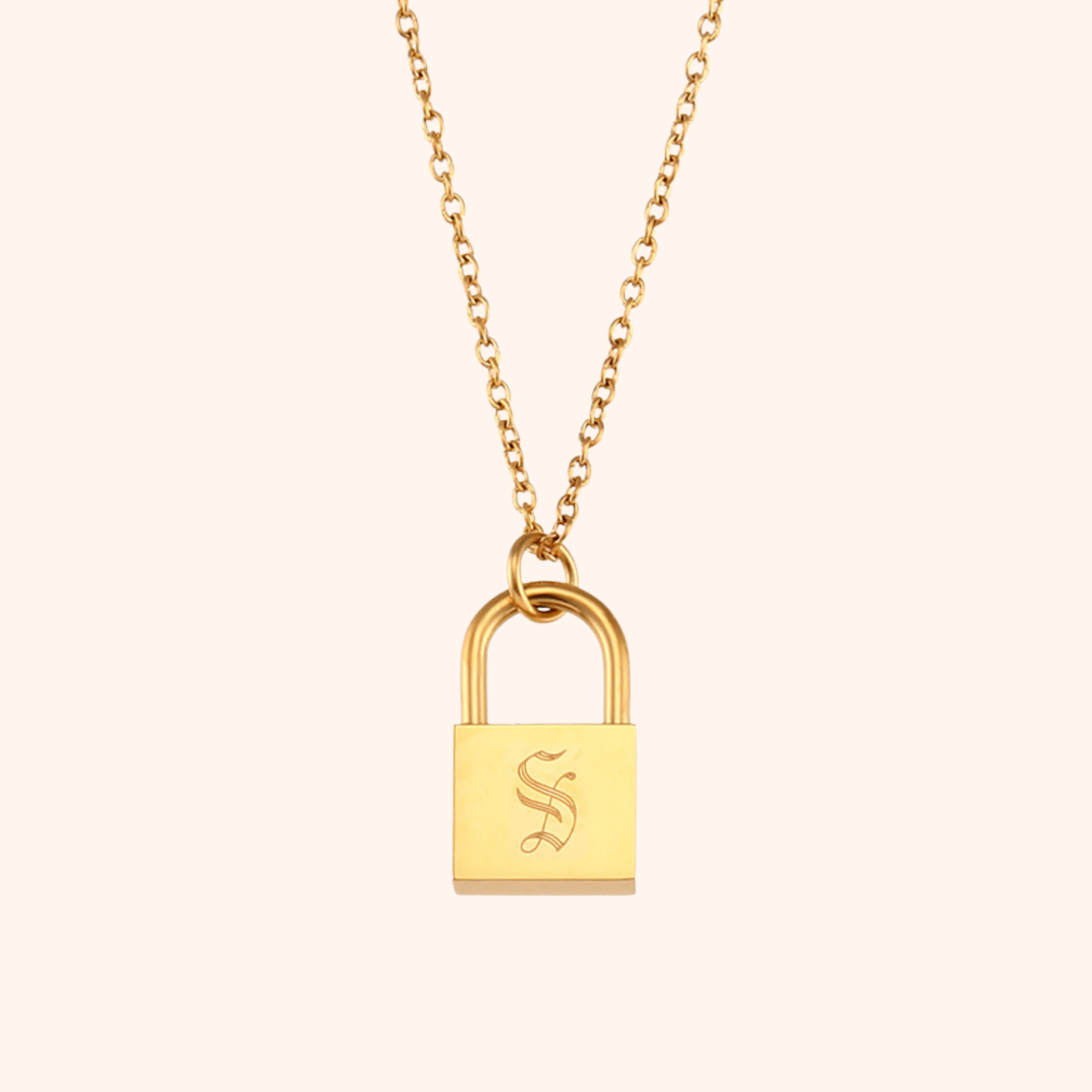 18k gold lock pendant necklace with engraved letter S