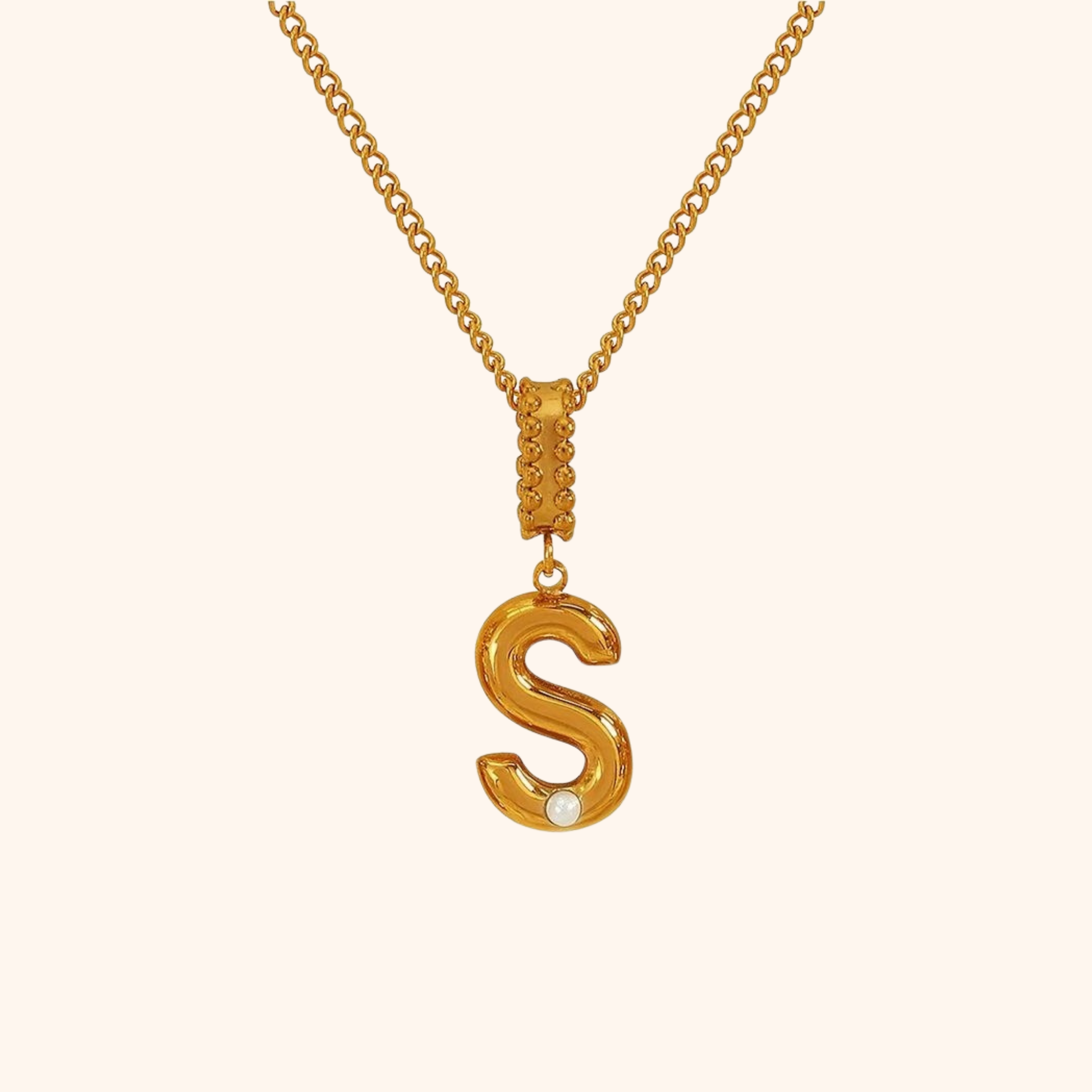 S letter gold necklace with delicate pearl drop