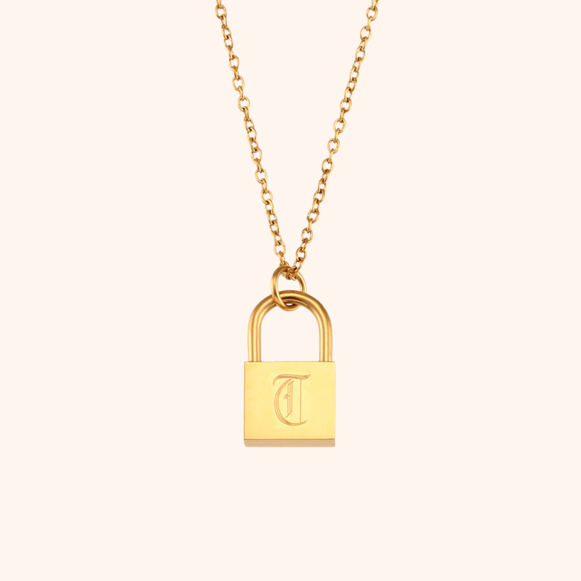 18k gold lock pendant necklace with engraved letter T