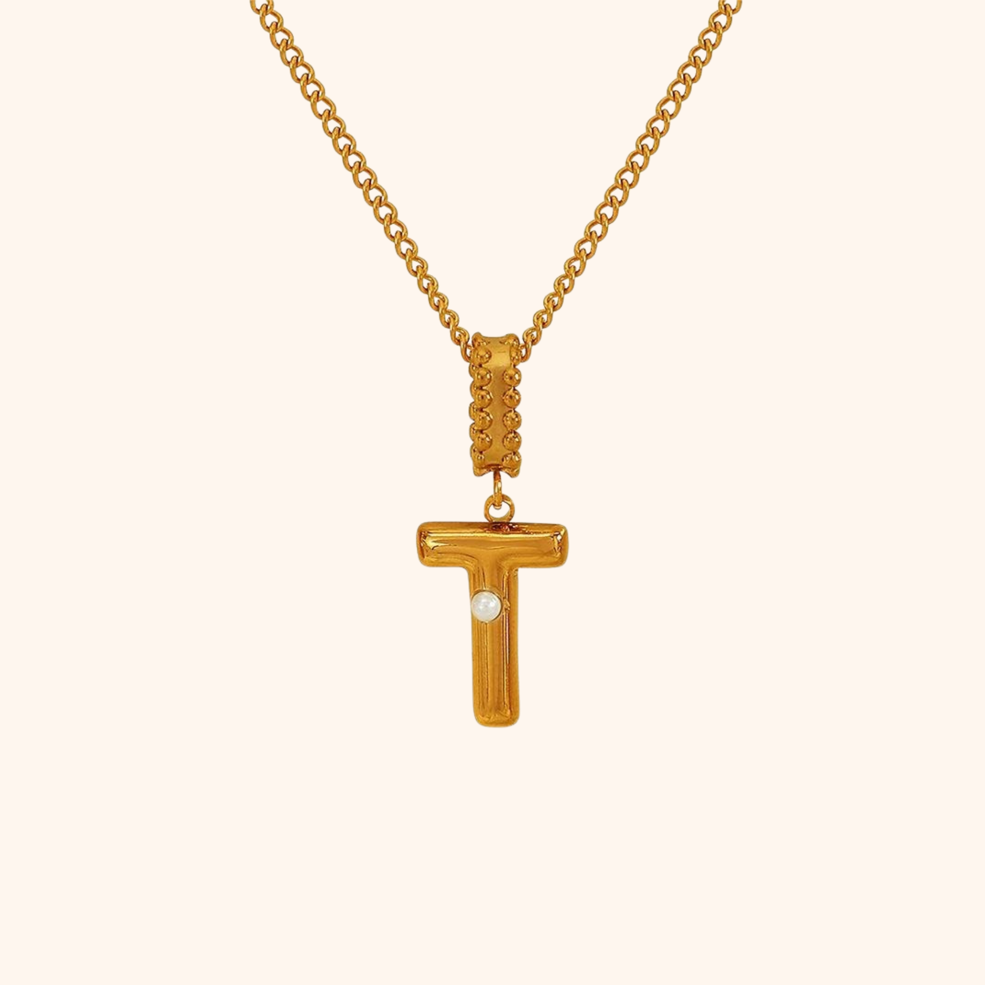 T initial necklace with gold finish and freshwater pearl