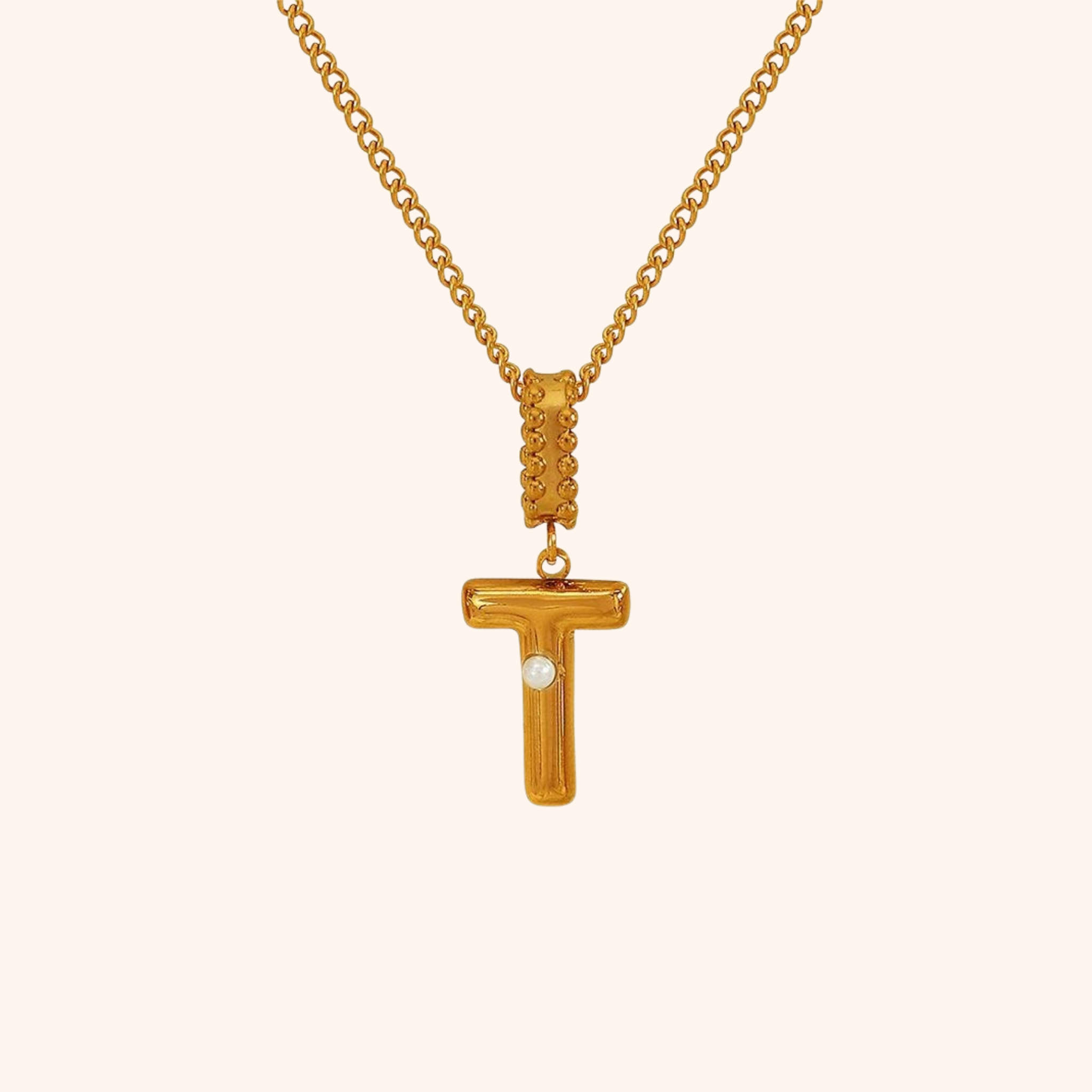 T initial necklace with gold finish and freshwater pearl