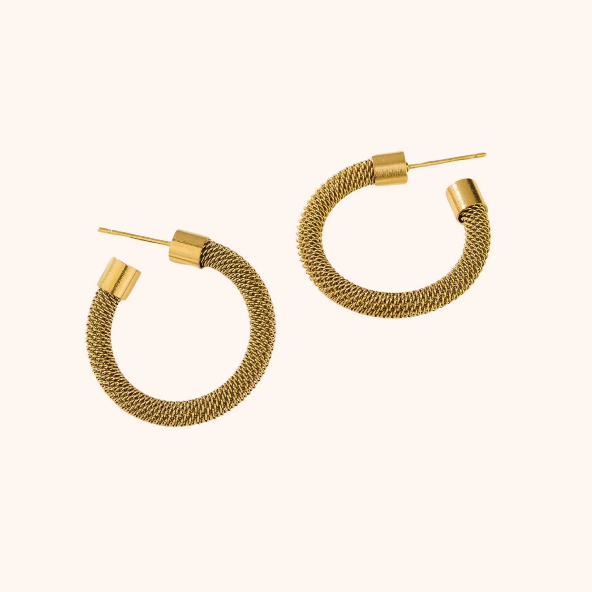 18k gold hoop earrings with textured mesh-style design and polished ends