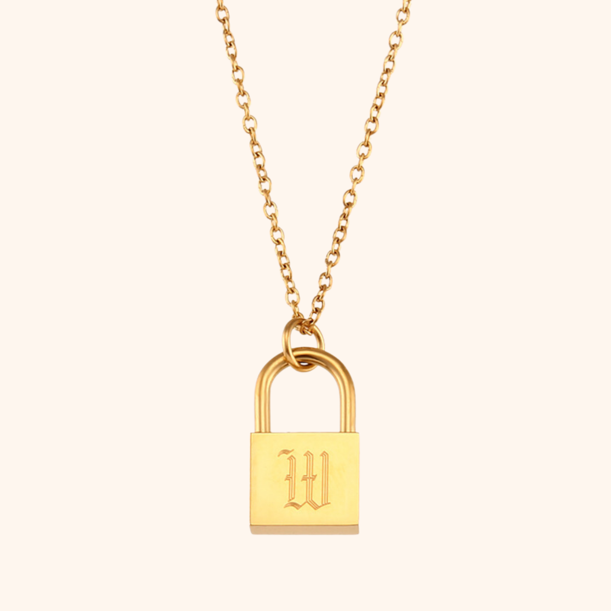 18k gold lock pendant necklace with engraved letter W